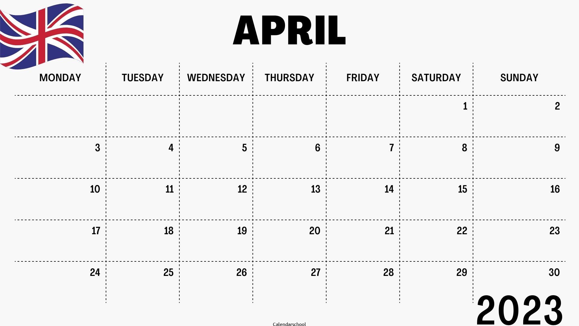 April 2023 Calendar with Holidays UK