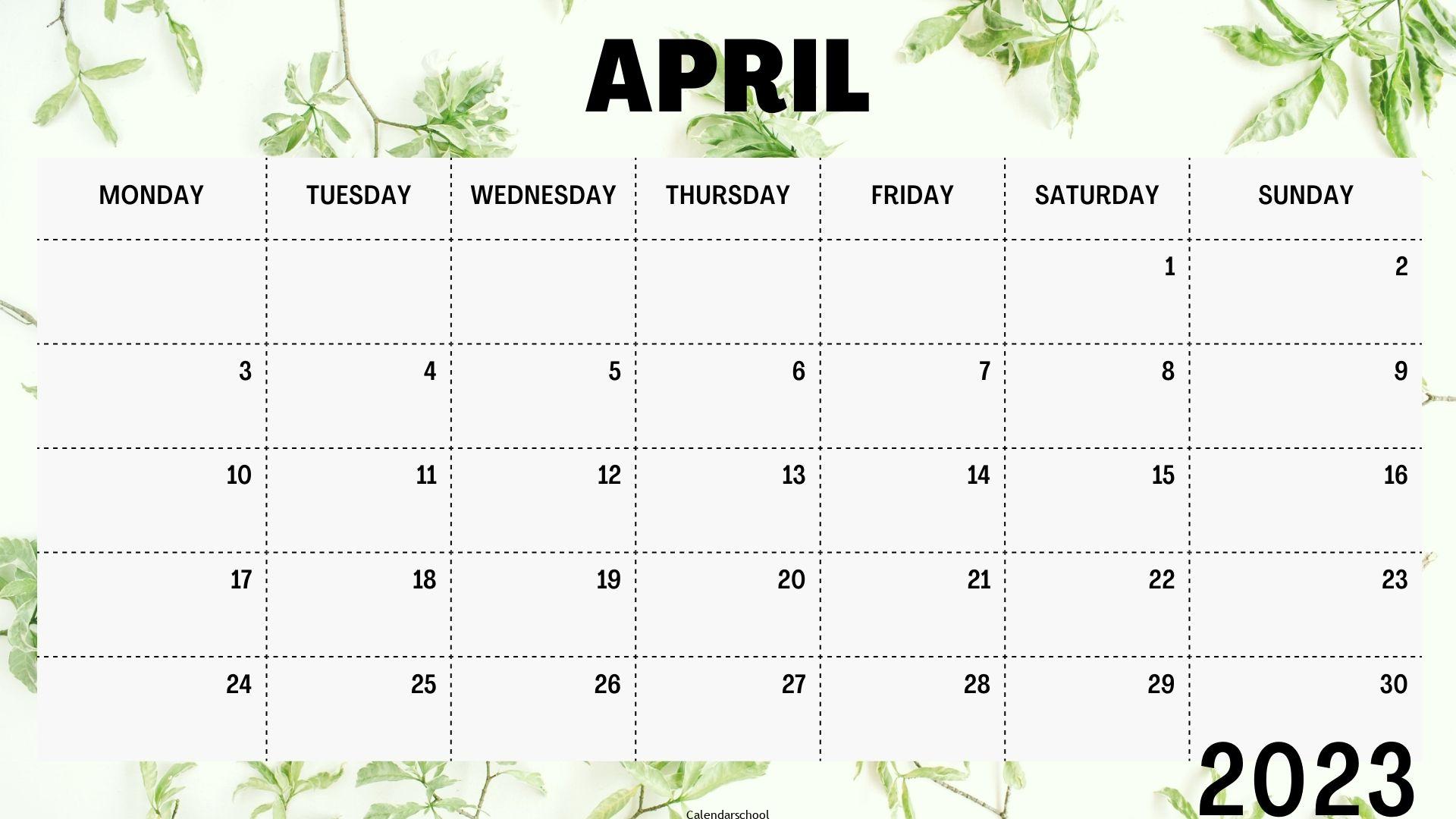 April Calendar 2023 UK