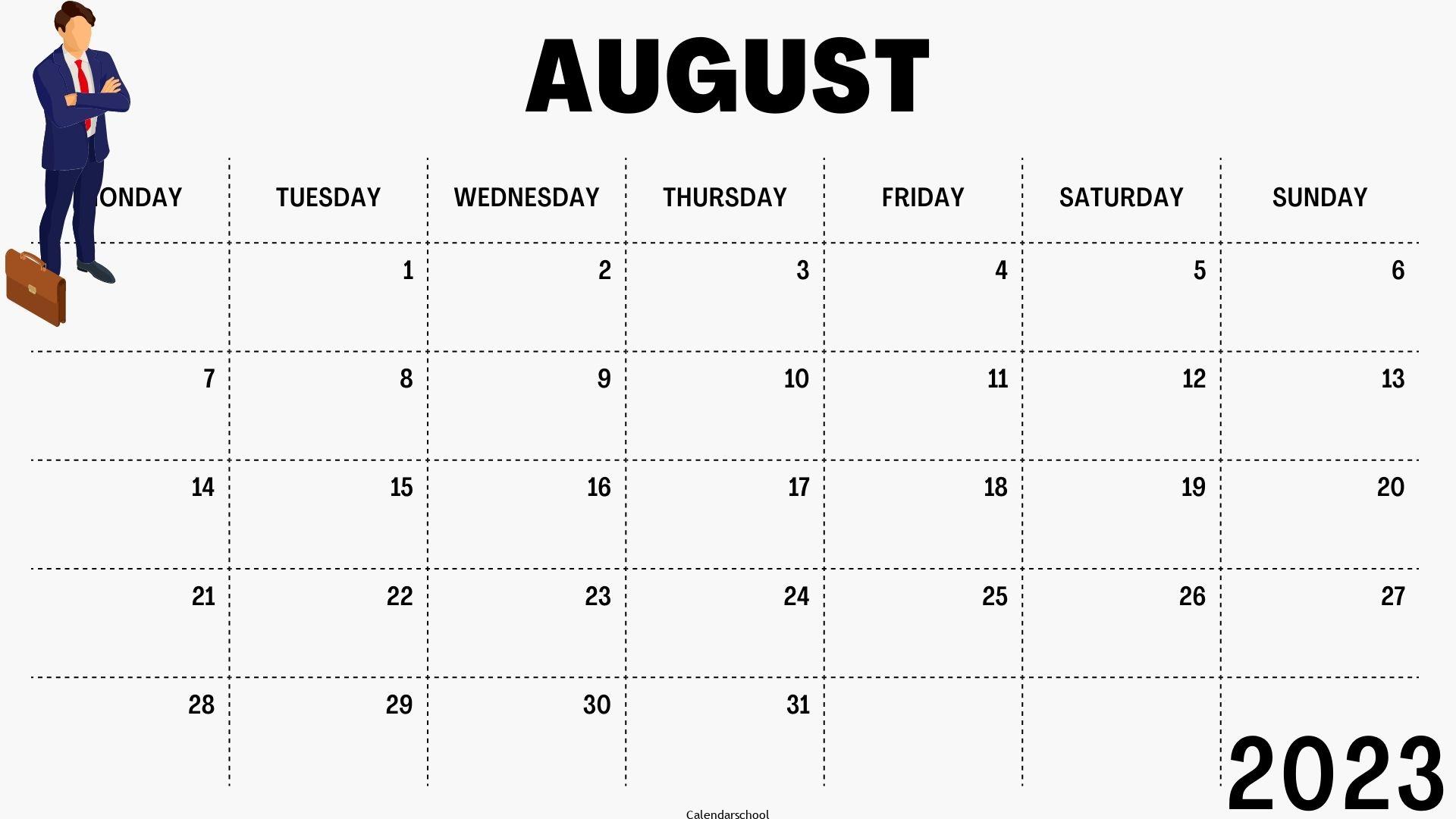 August 2023 Calendar Weekly Template