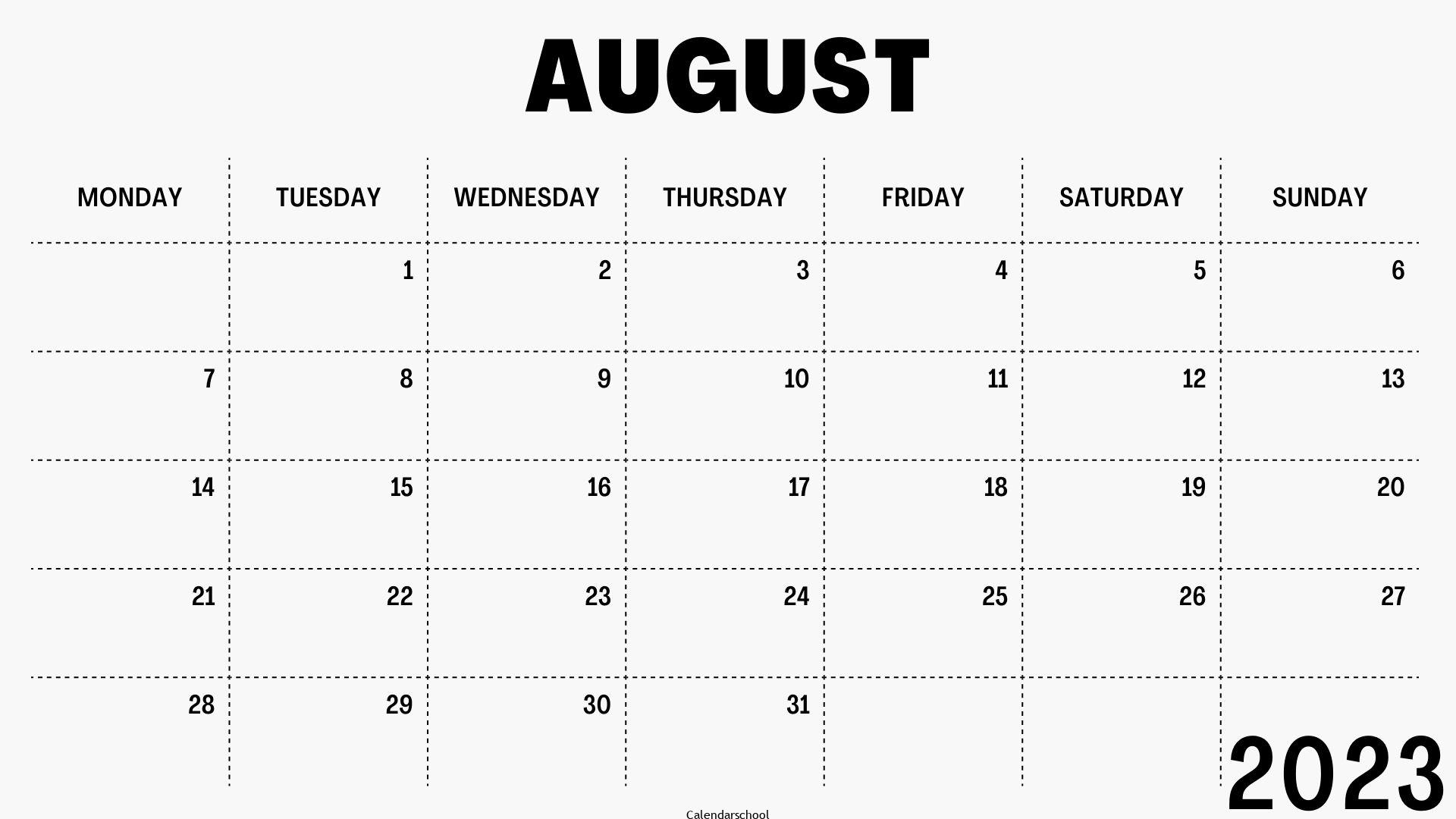 August 2023 Calendar with Holidays