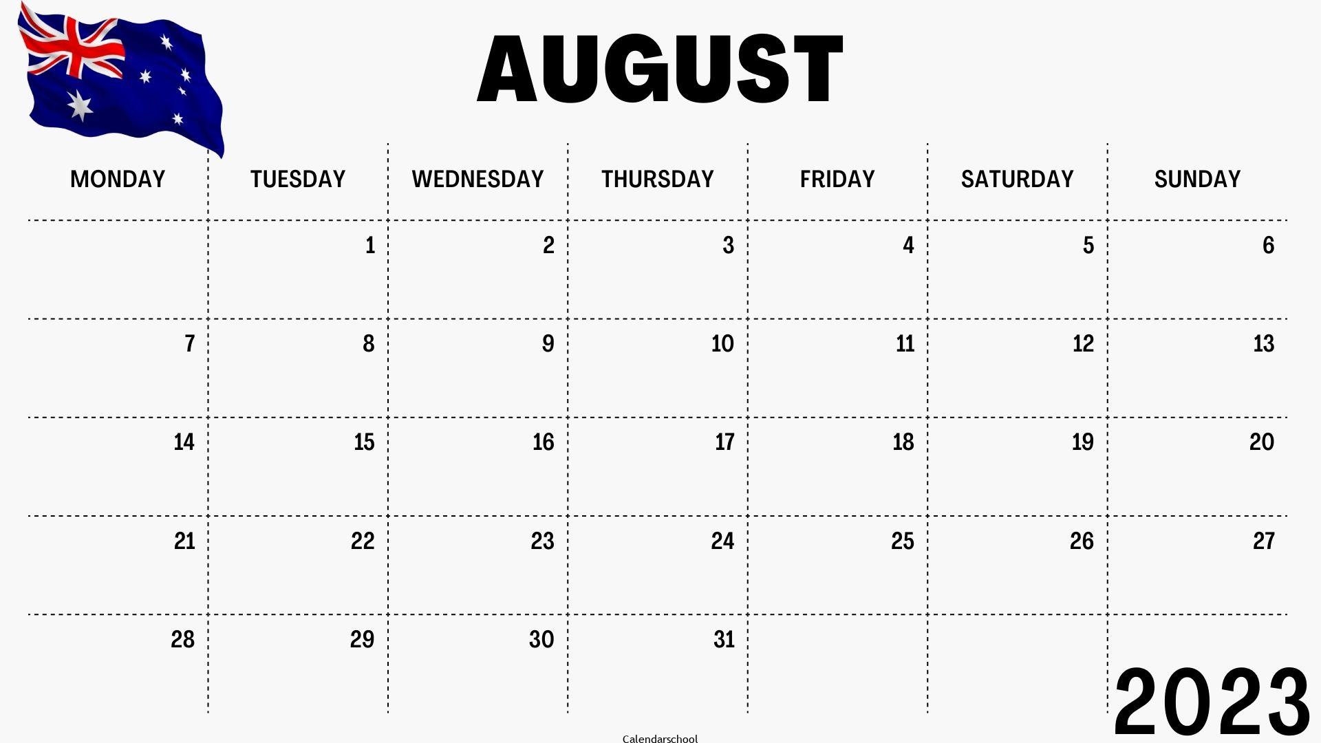 August 2023 Calendar with Holidays Australia