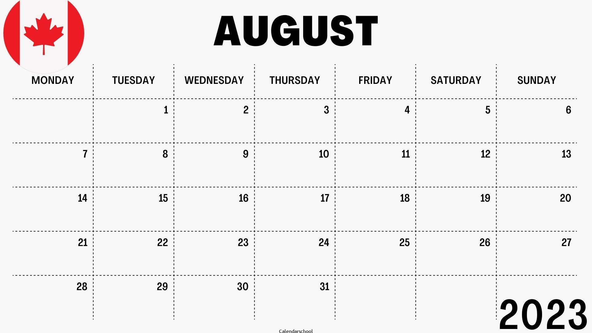August 2023 Calendar with Holidays Canada