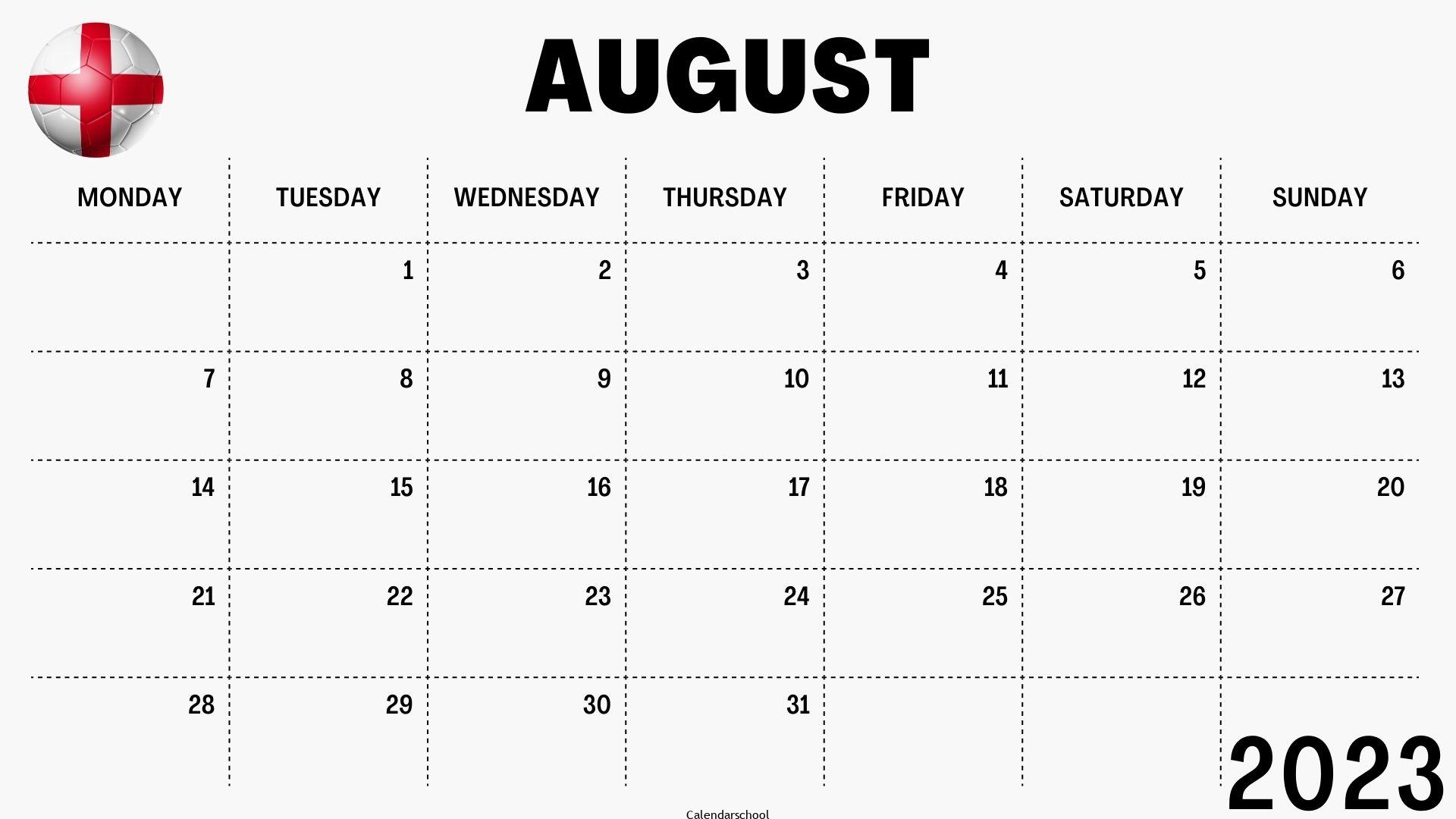 August 2023 Calendar with Holidays England