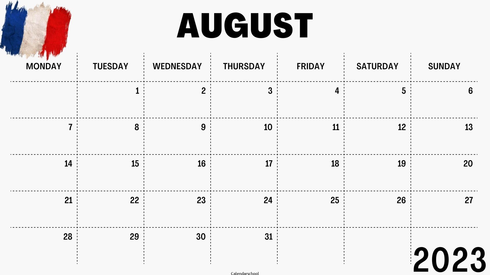 August 2023 Calendar with Holidays France