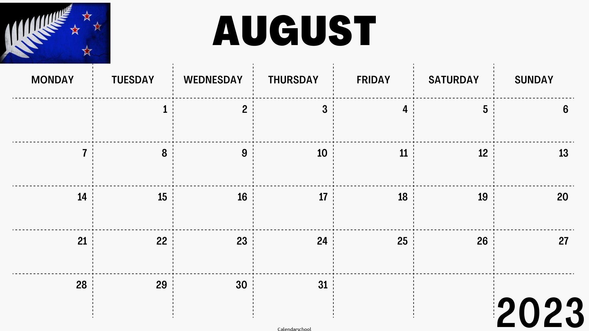 August 2023 Calendar with Holidays NewZeland
