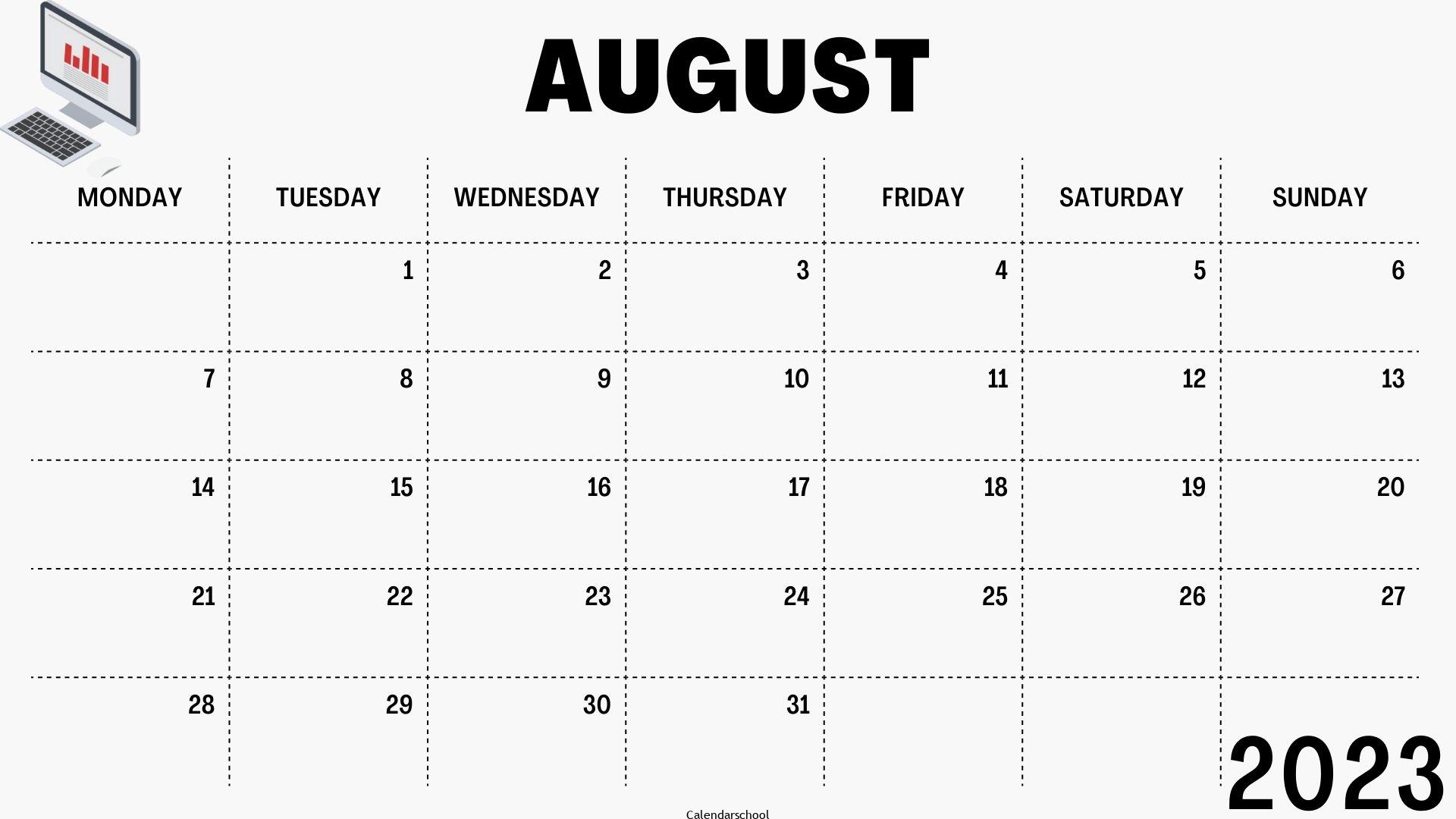 August 2023 Calendar with Holidays Printable