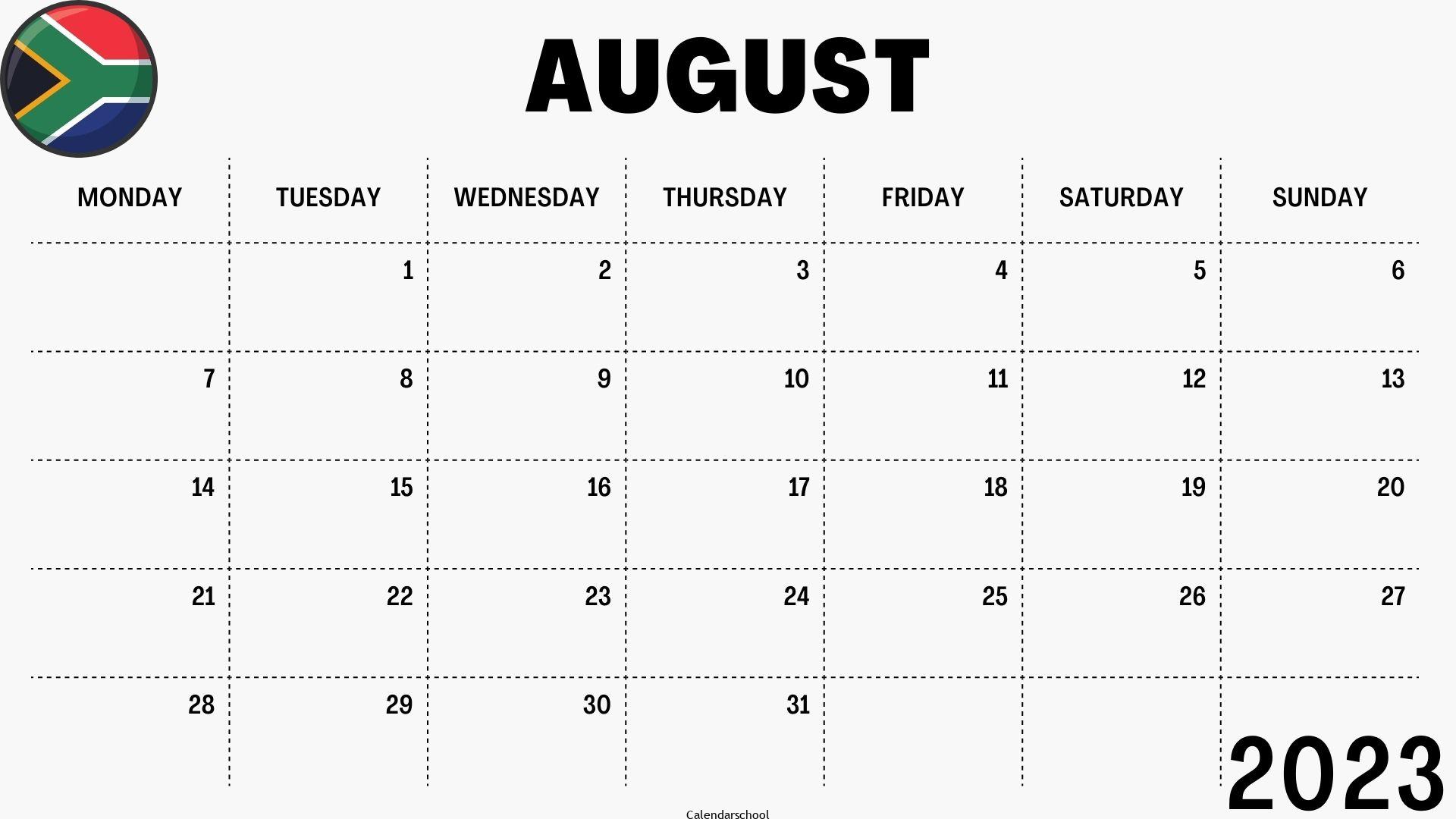 August 2023 Calendar with Holidays South Africa