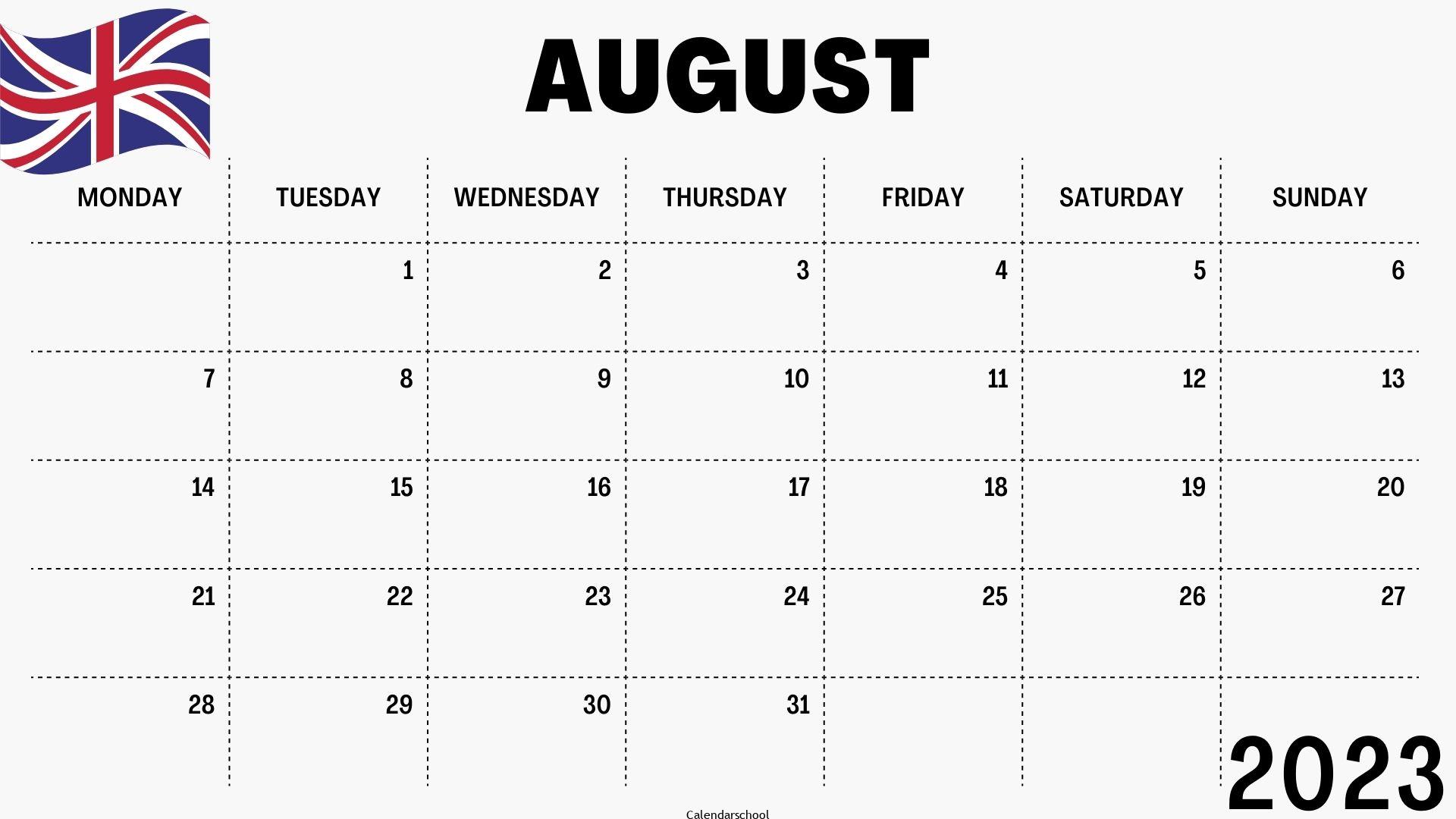August 2023 Calendar with Holidays UK