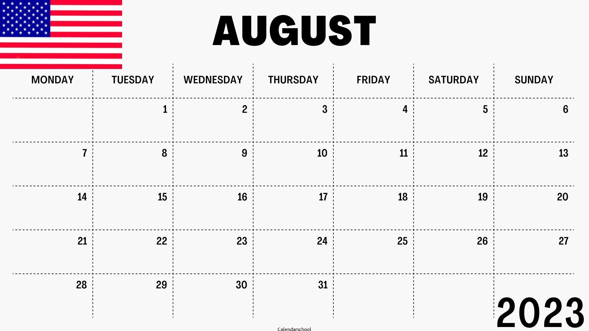 August 2023 Calendar with Holidays USA