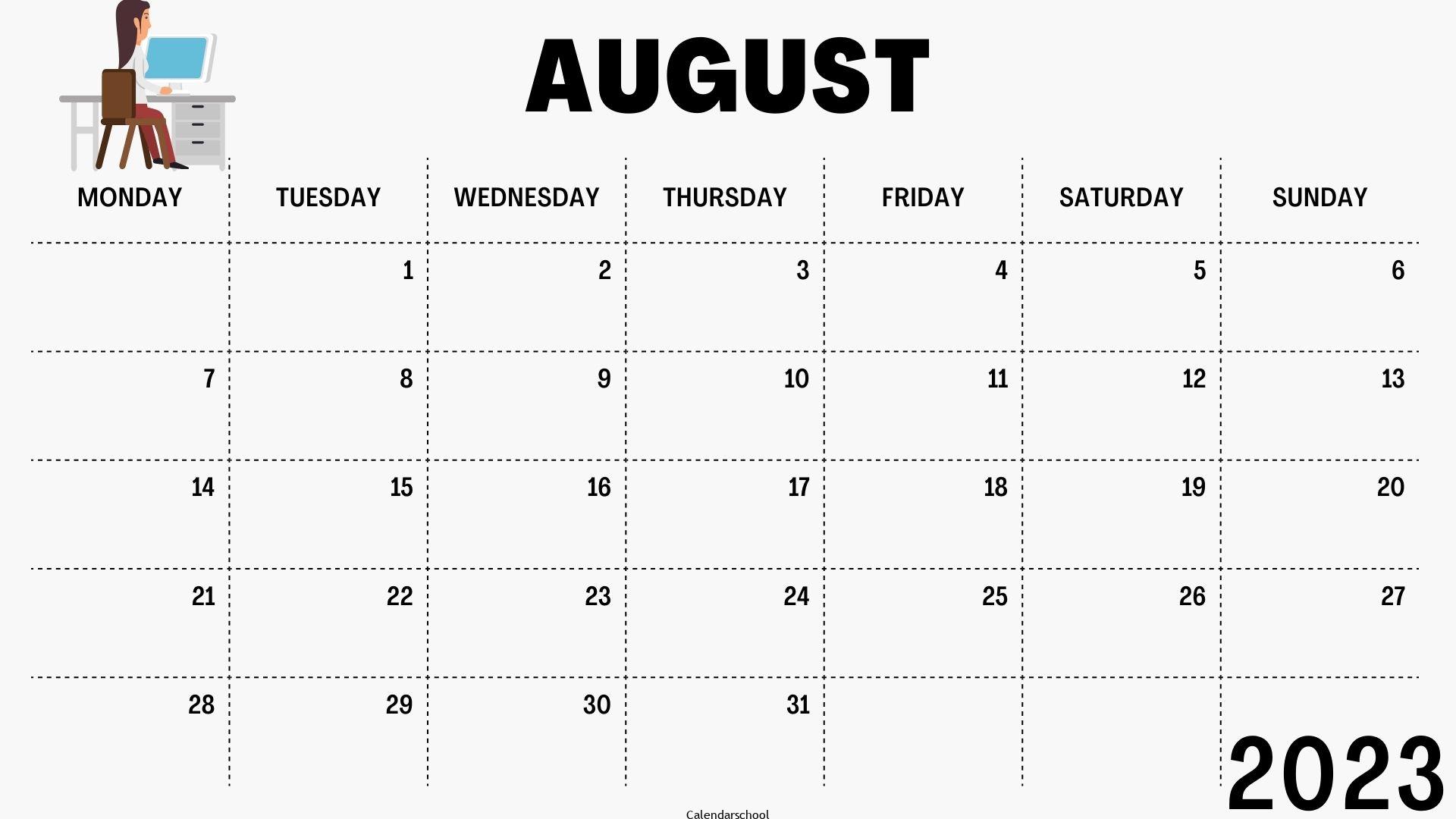 August 2023 Monthly Calendar Template