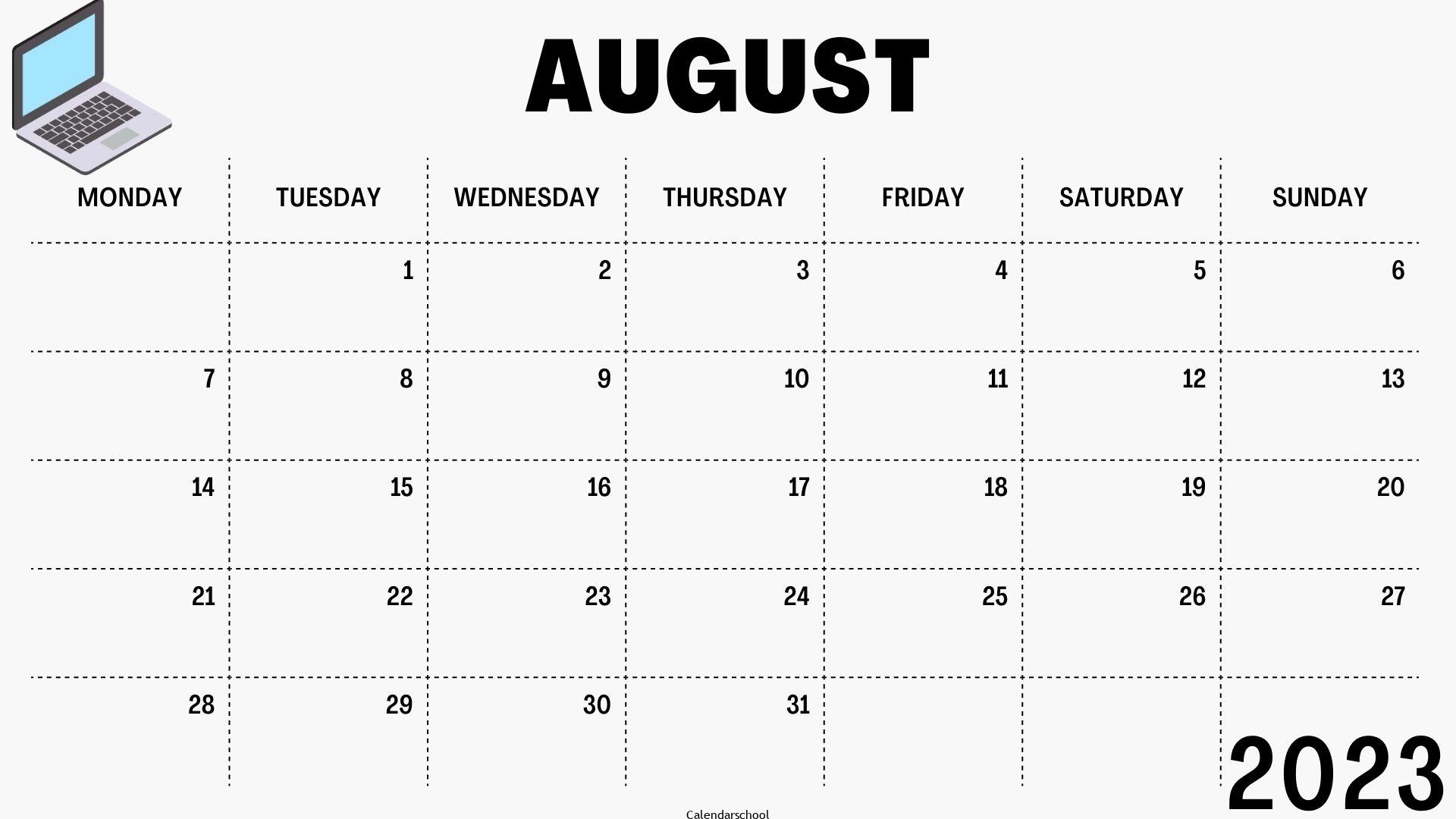 August Calendar 2023 Design Template Free Download