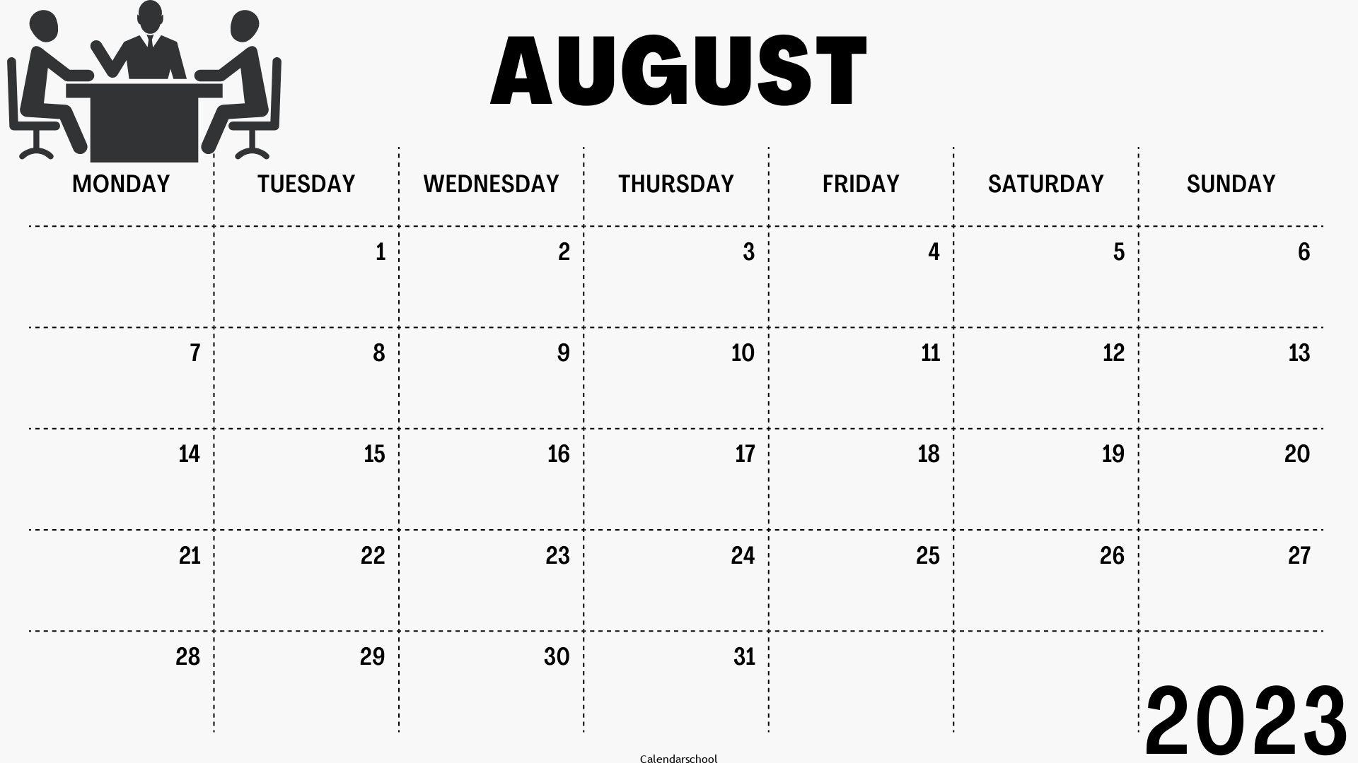 Calendar 2023 August Month