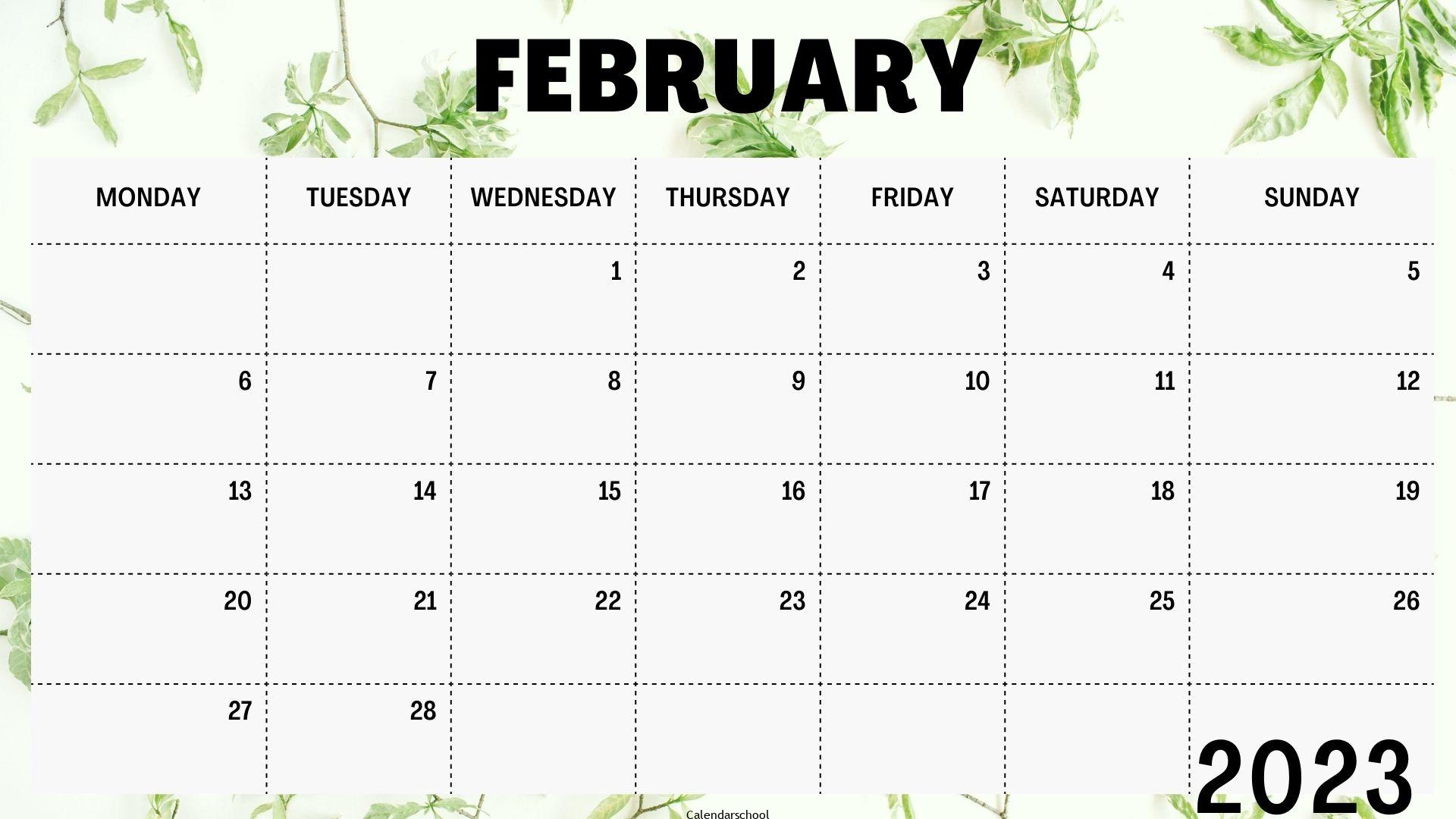 Calendar 2023 February Printable