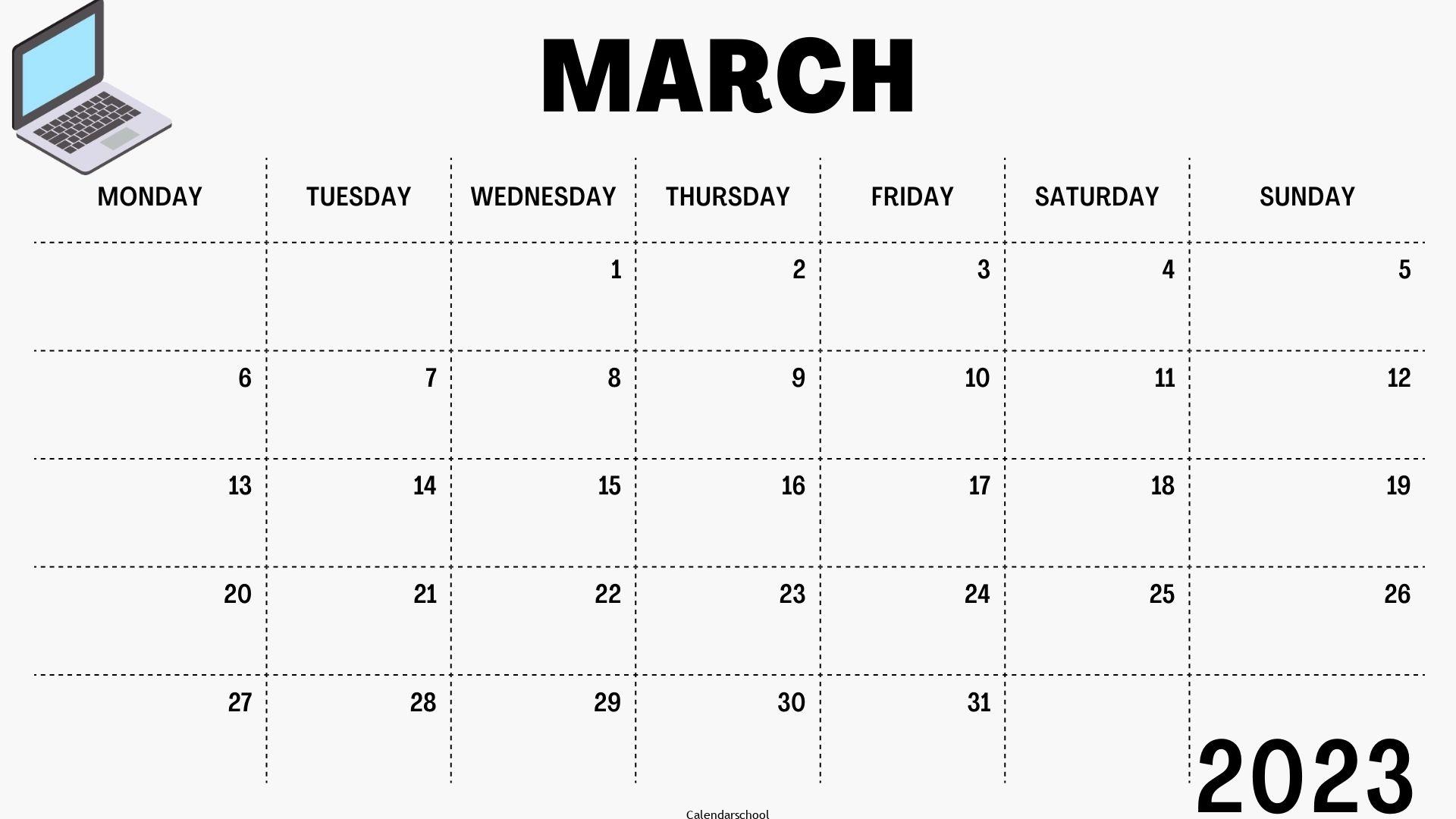 Calendar 2023 March Editable