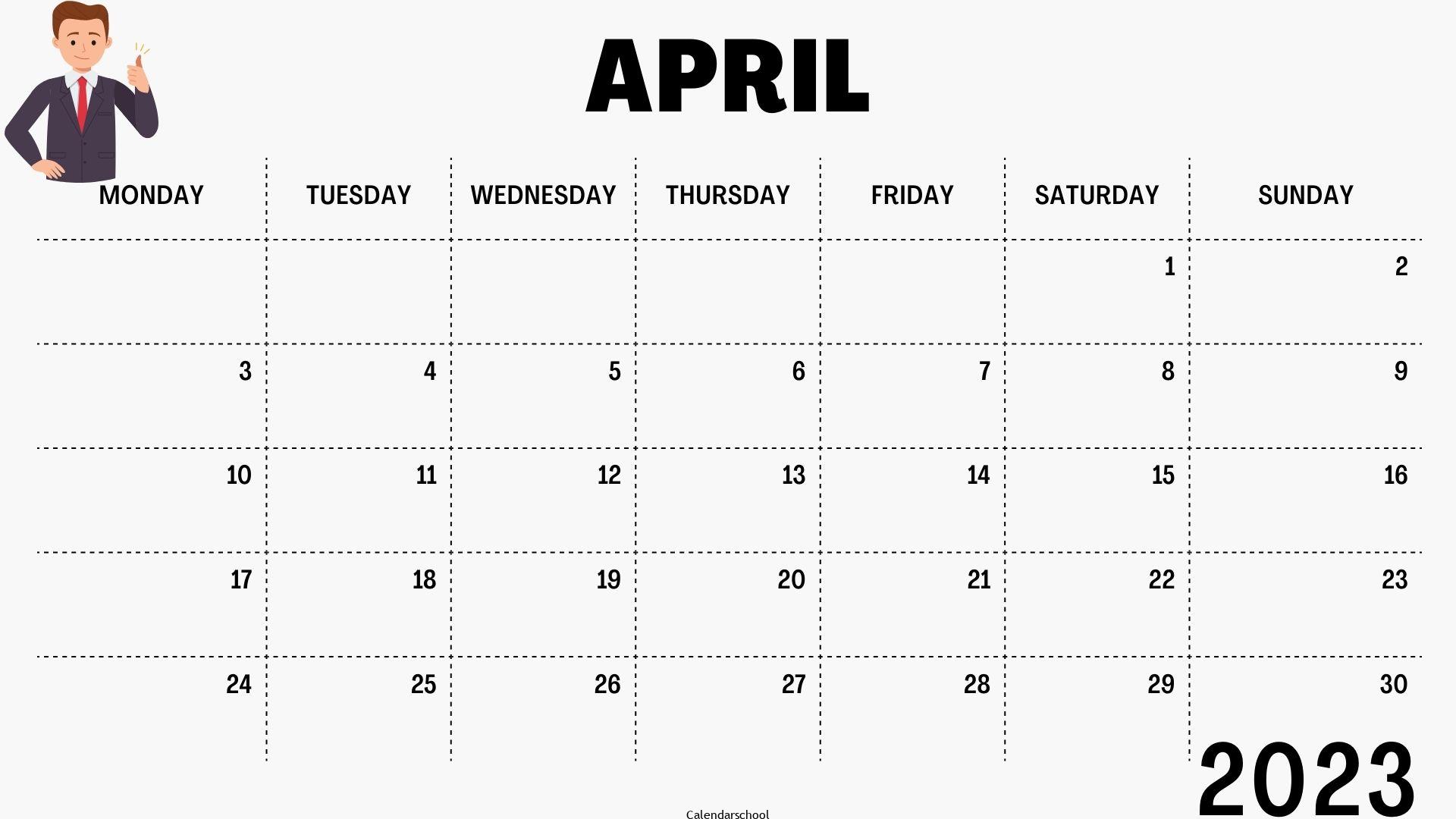 Calendar April 2023 With Holidays