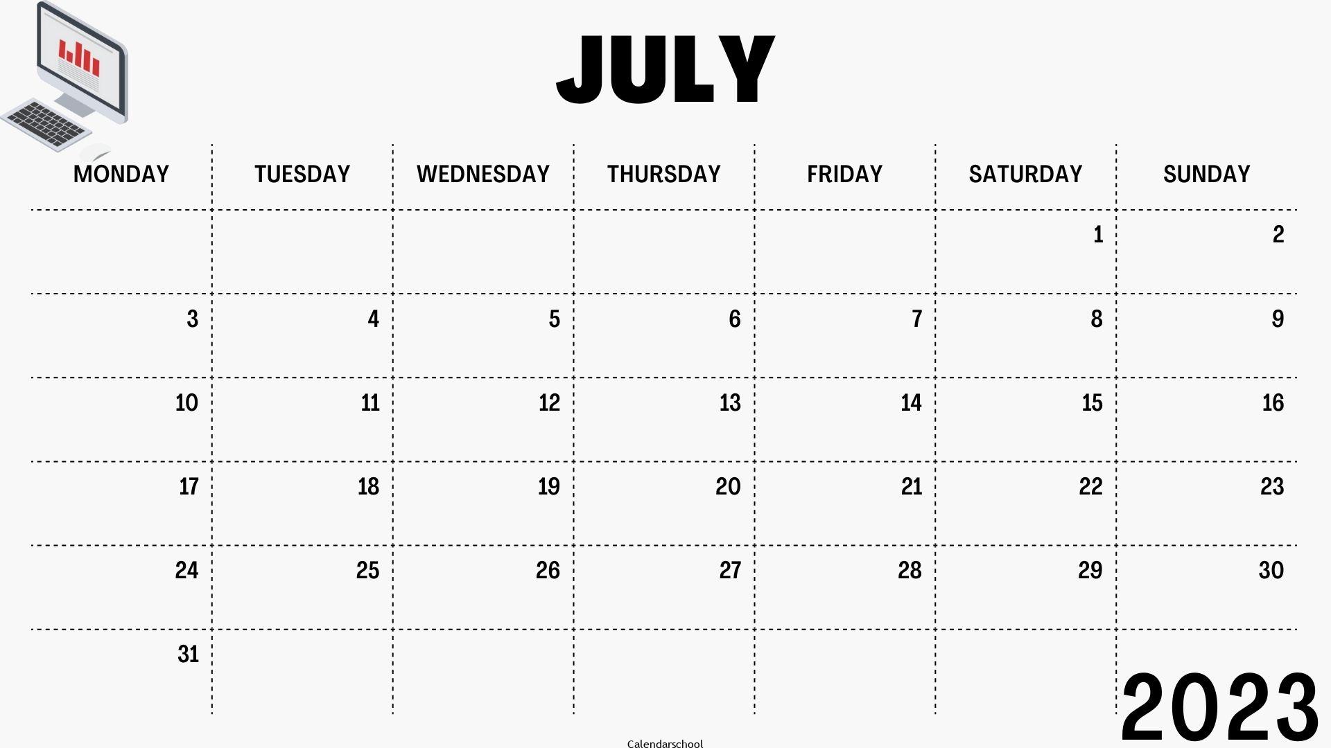 Calendar July 2023 Excel