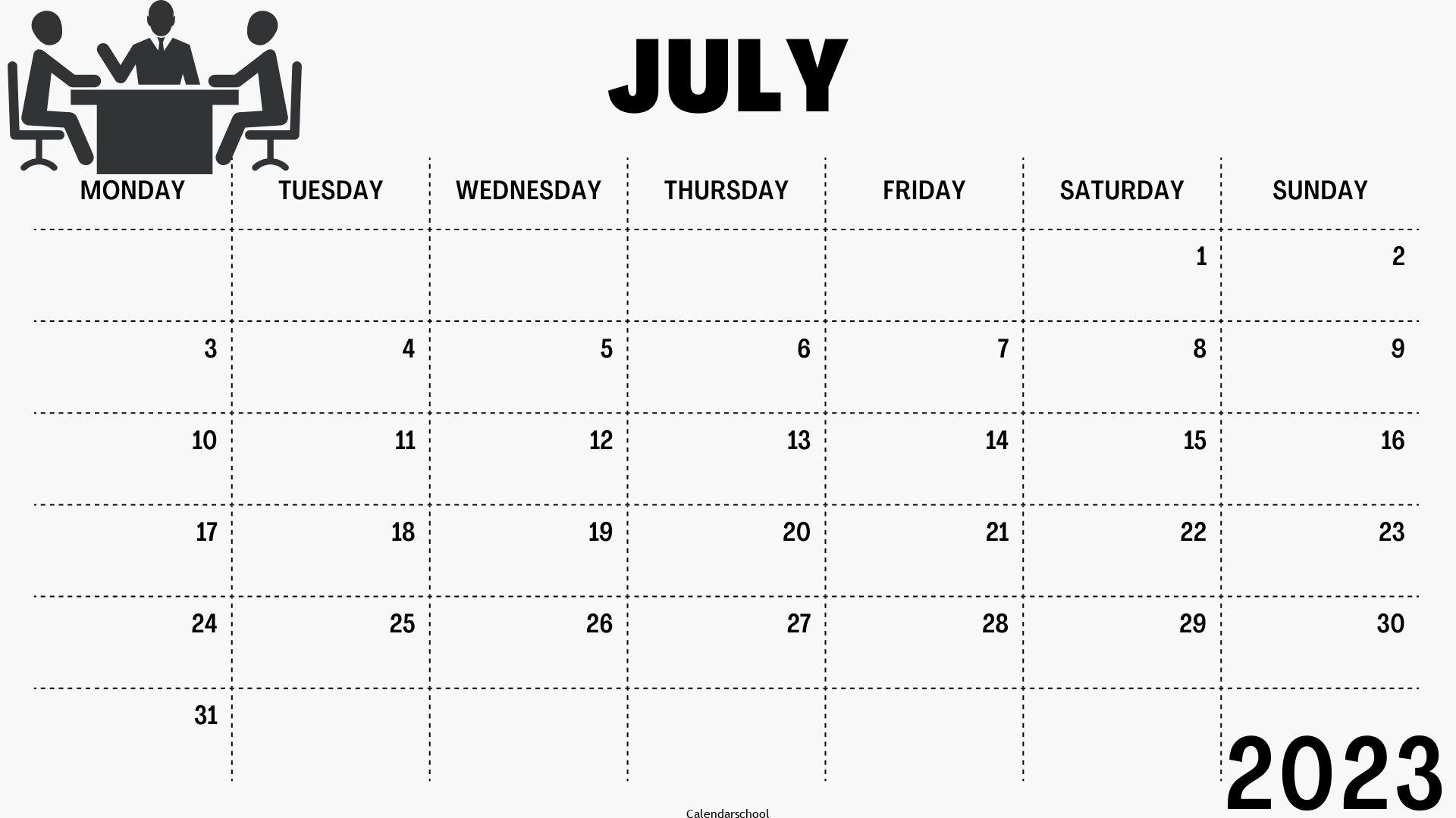 Calendar July 2023 With Holidays