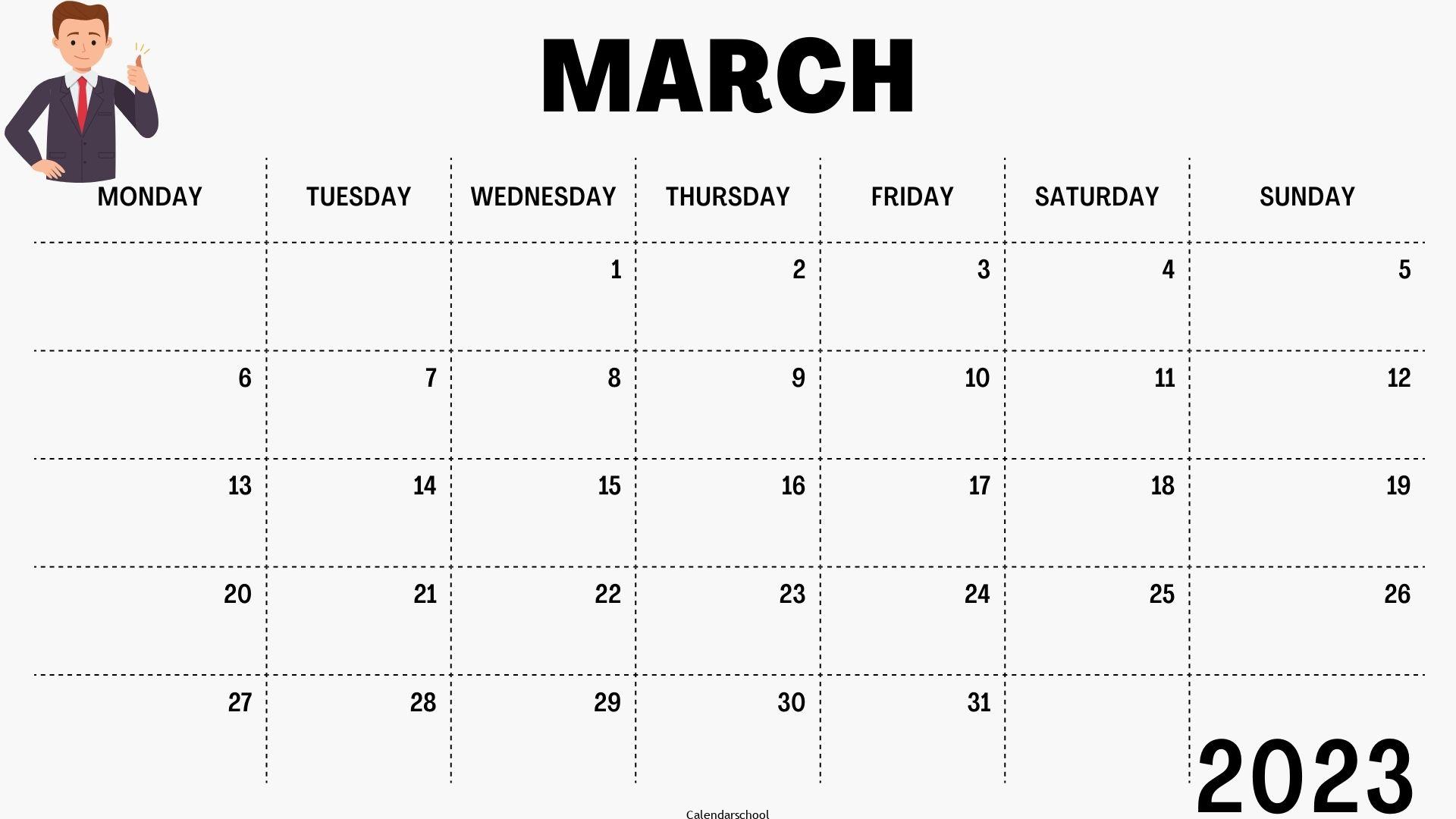Calendar March 2023 With Holidays