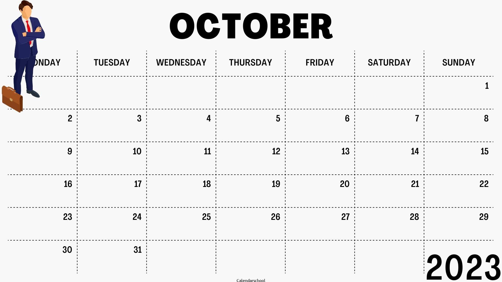 Calendar October 2023 With Bank Holidays