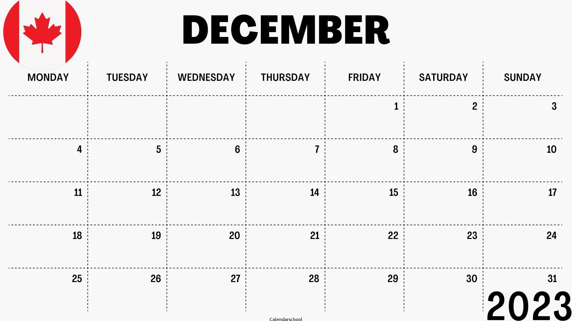 December 2023 Calendar with Holidays Canada