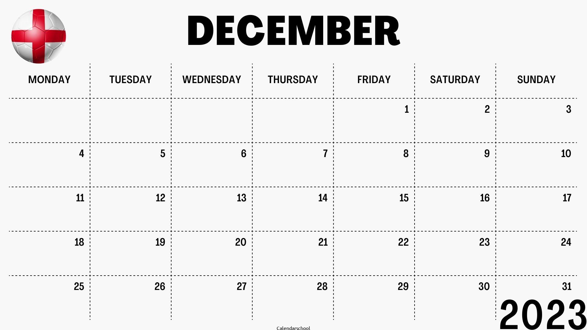 December 2023 Calendar with Holidays England