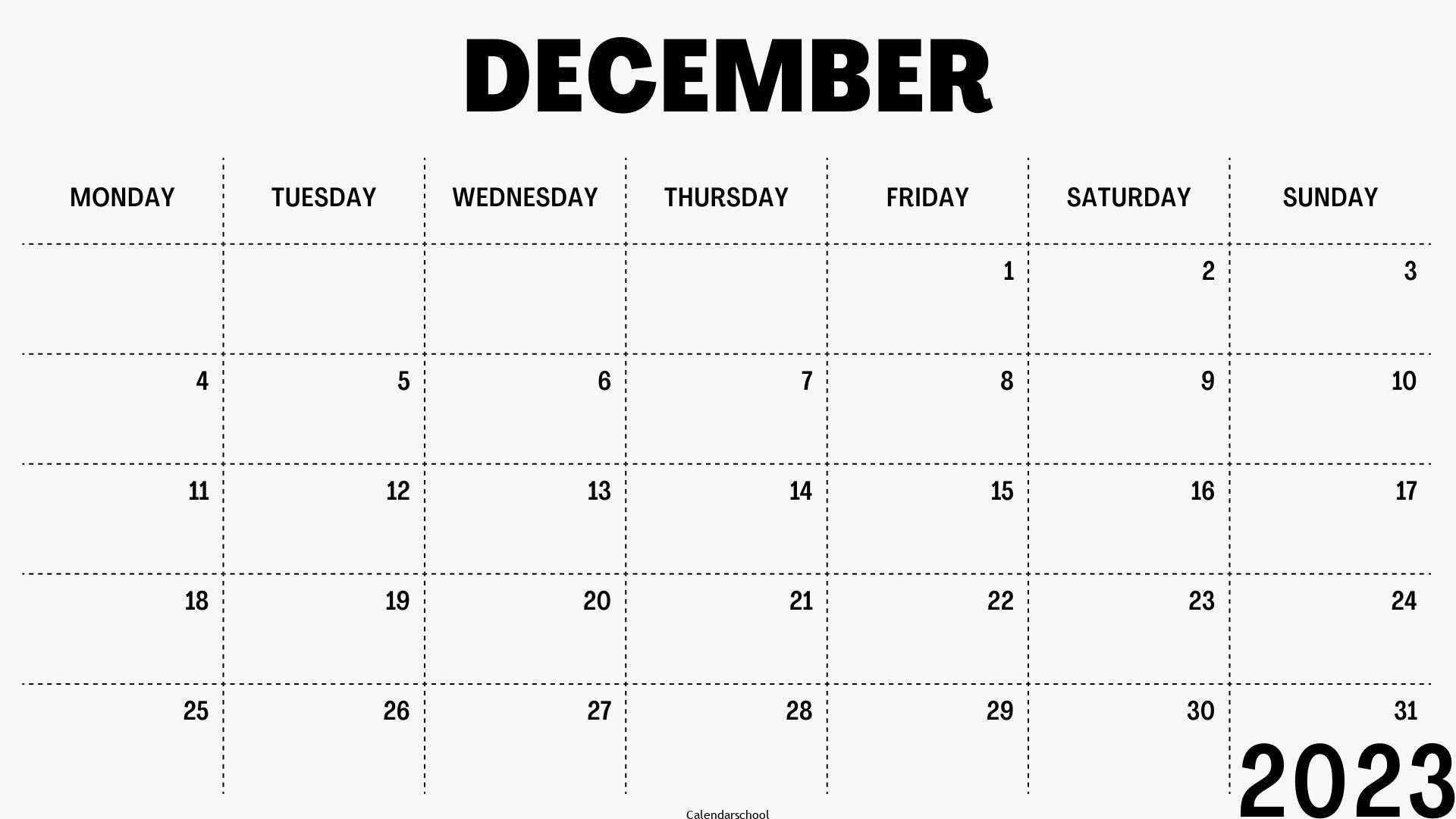 December 2023 Calendar with Holidays Printable