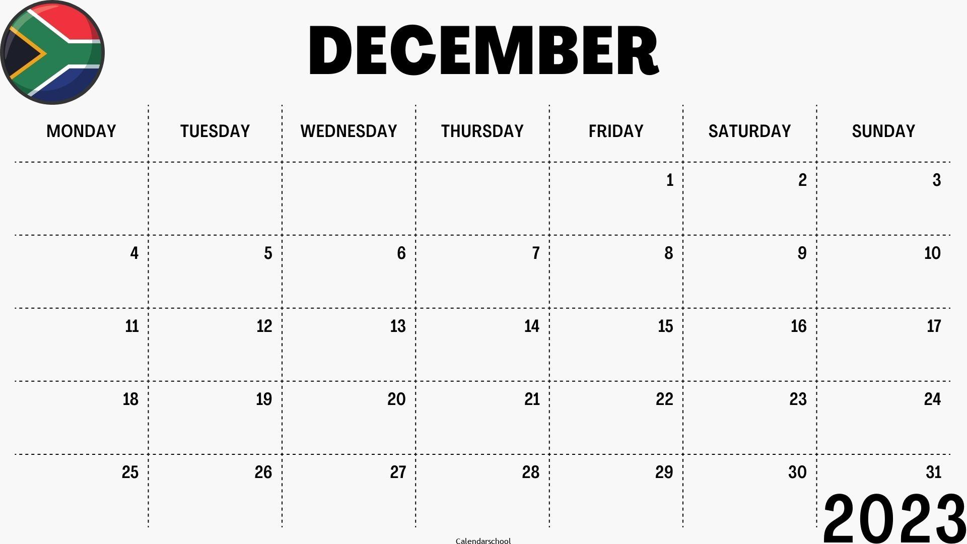 December 2023 Calendar with Holidays South Africa