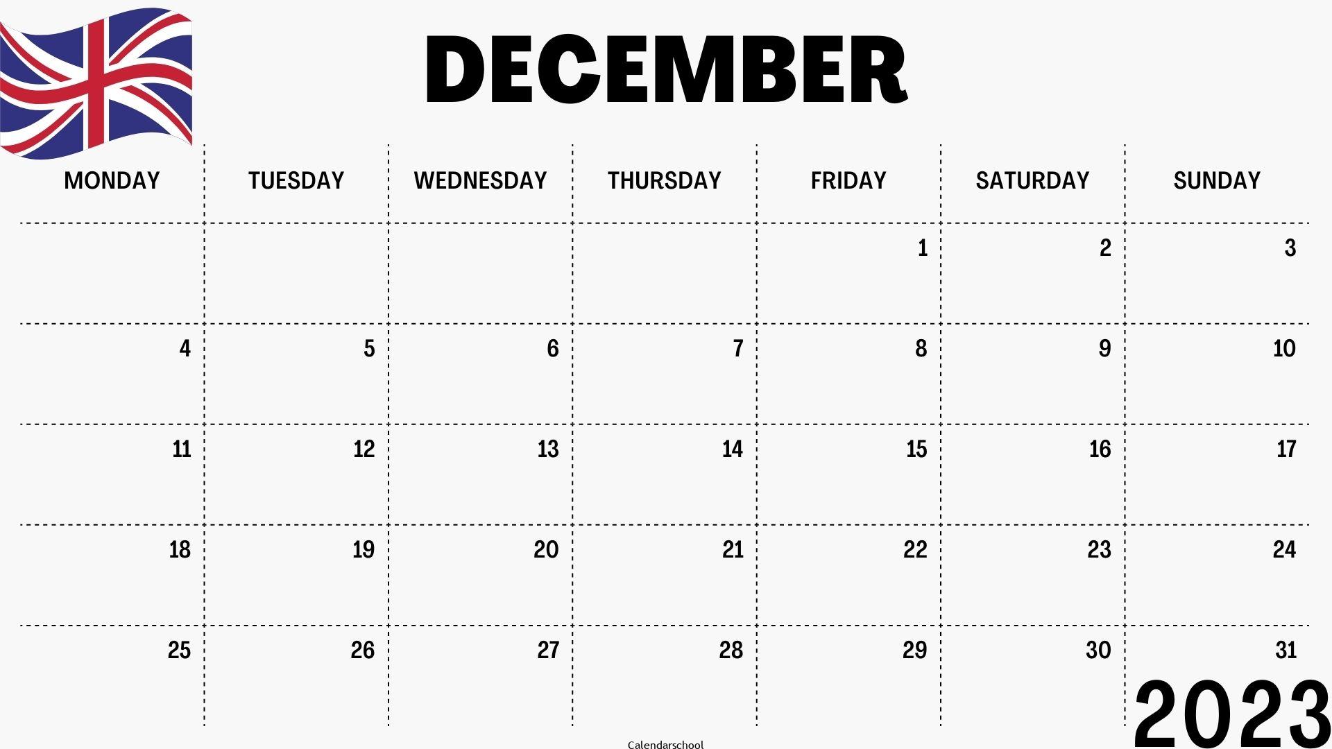 December 2023 Calendar with Holidays UK