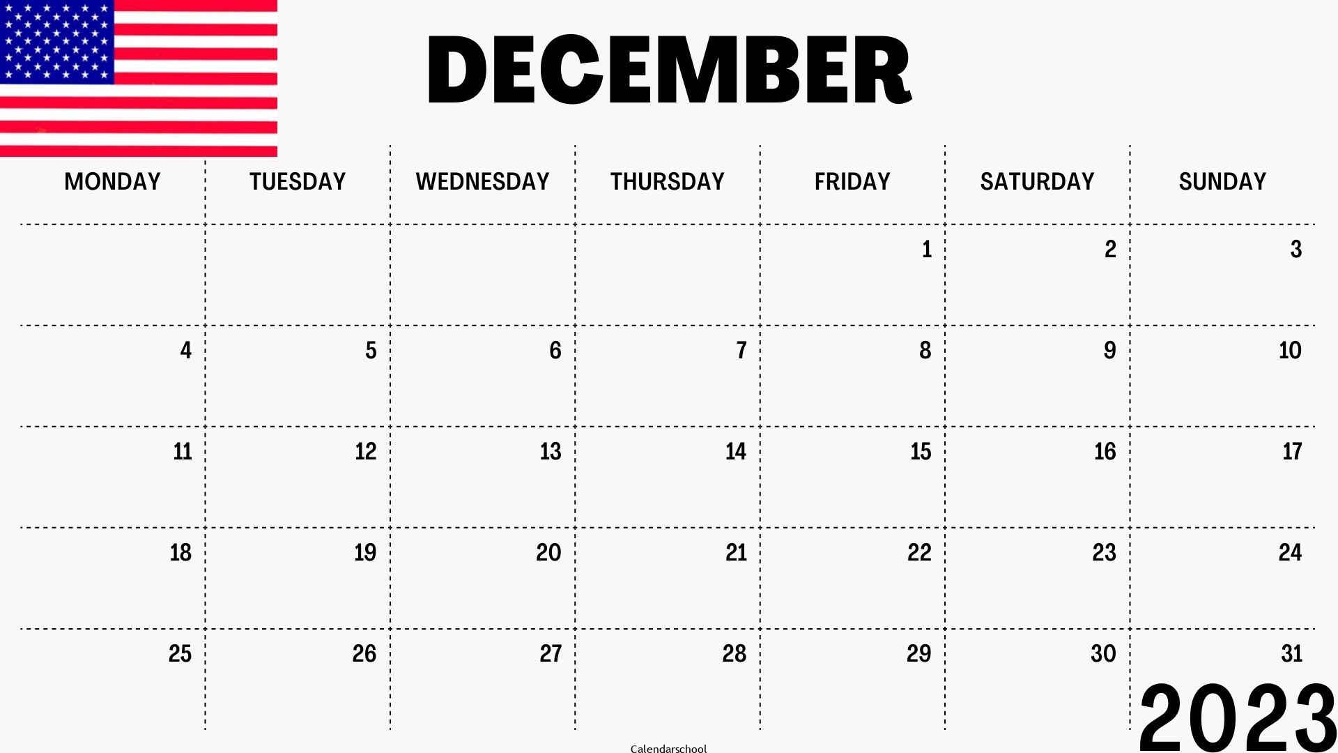 December 2023 Calendar with Holidays USA