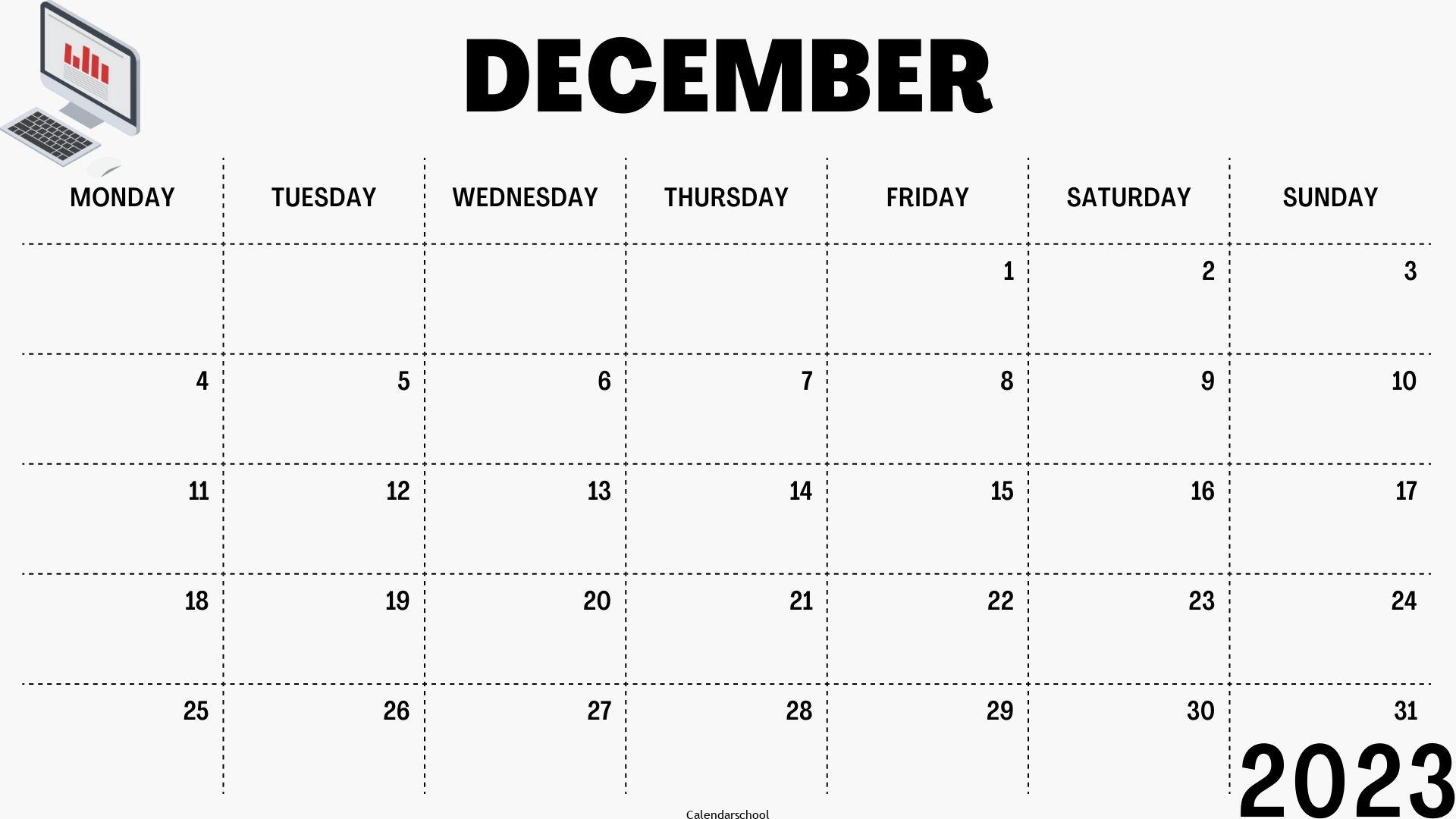 December 2023 Monthly Blank Calendar Printable