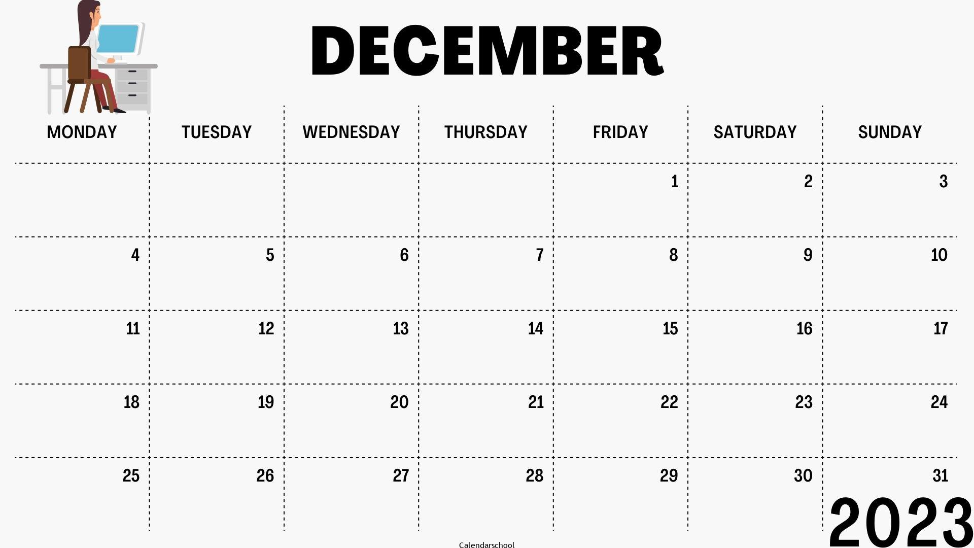 December 2023 Weekly Blank Calendar