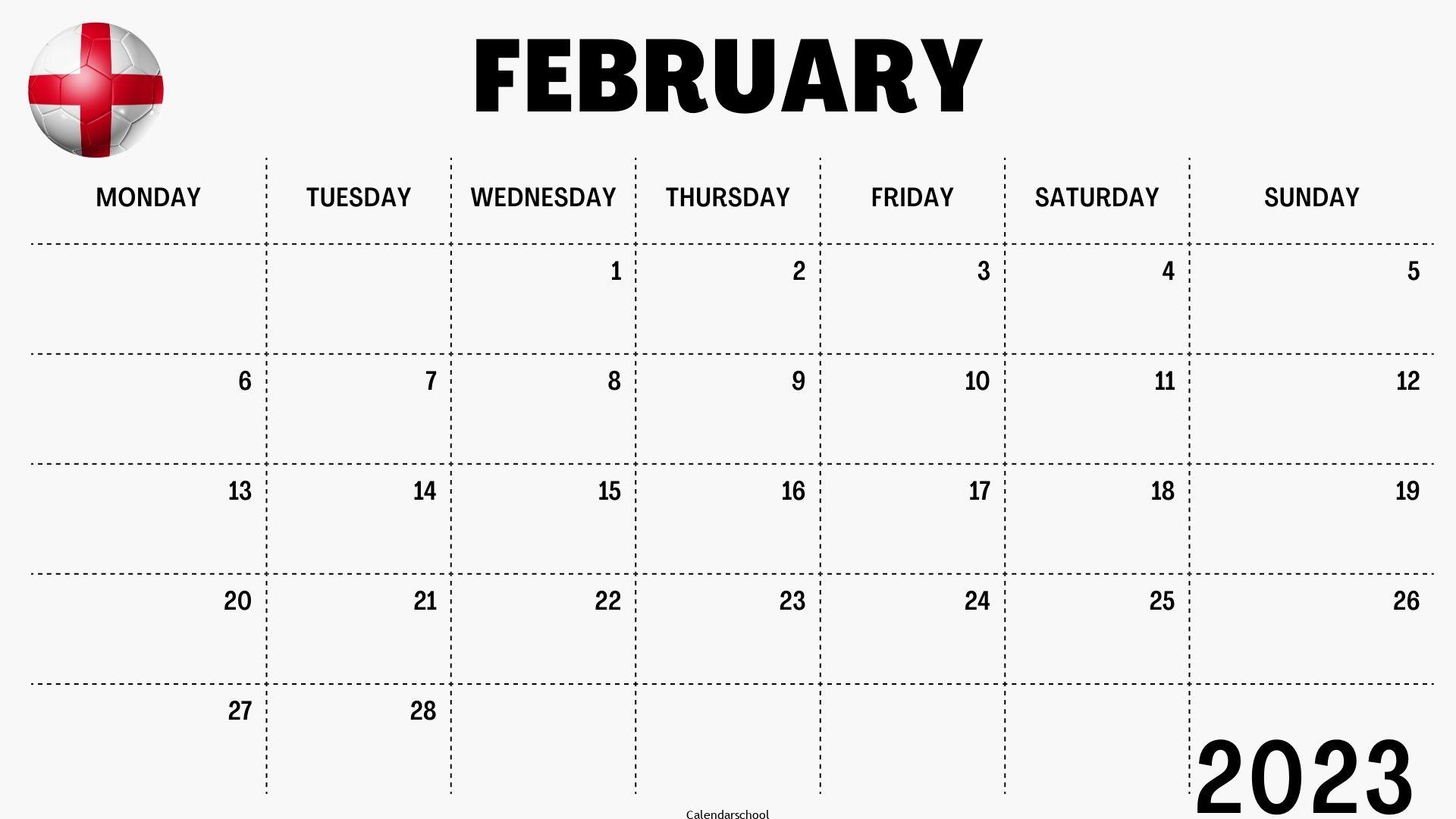 February 2023 Calendar with Holidays England