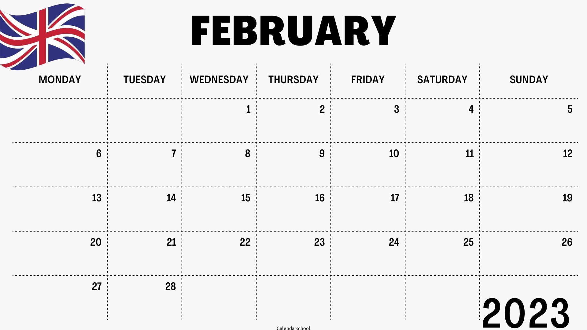 February 2023 Calendar with Holidays UK