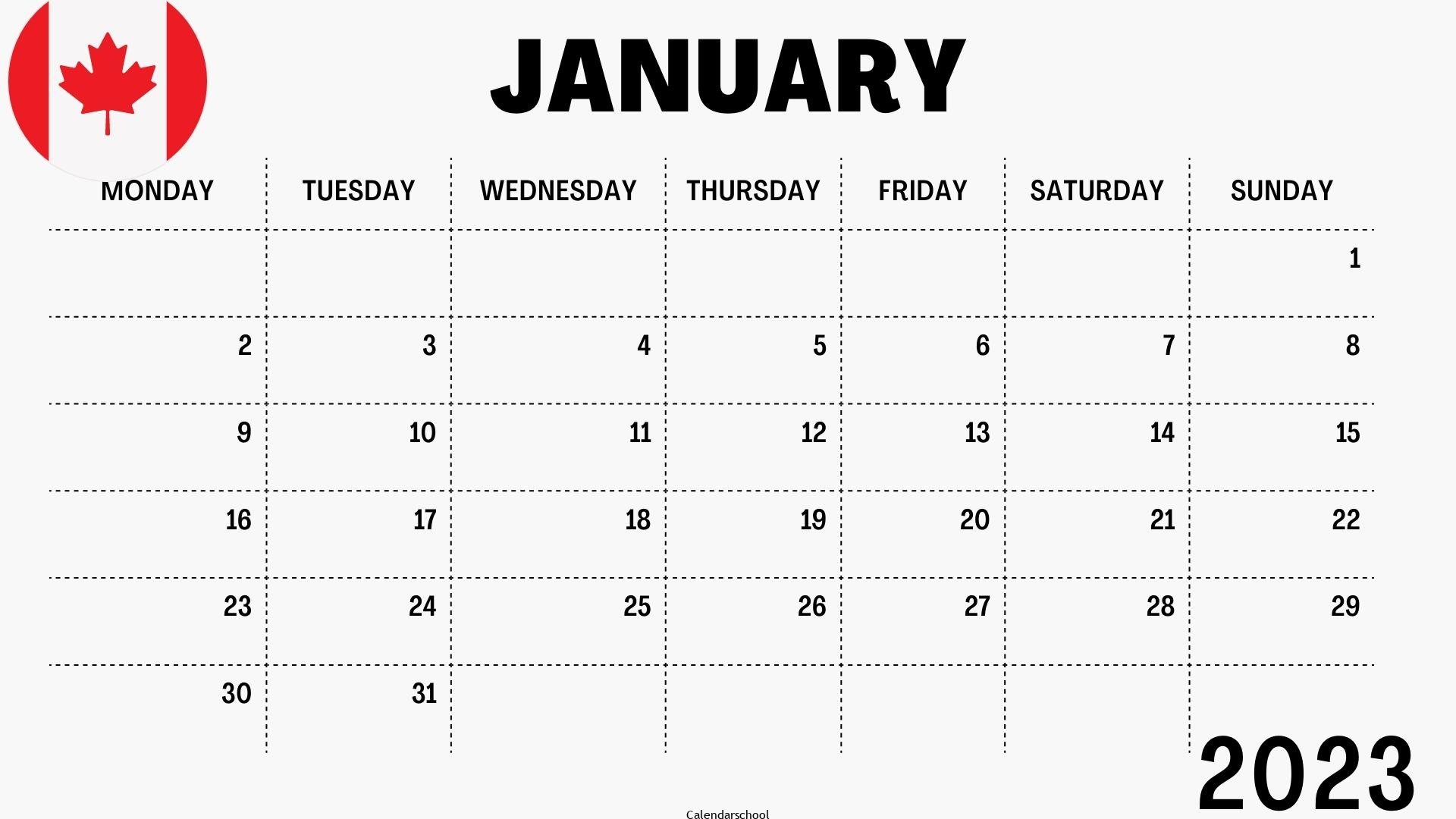 January 2023 Calendar with Holidays Canada