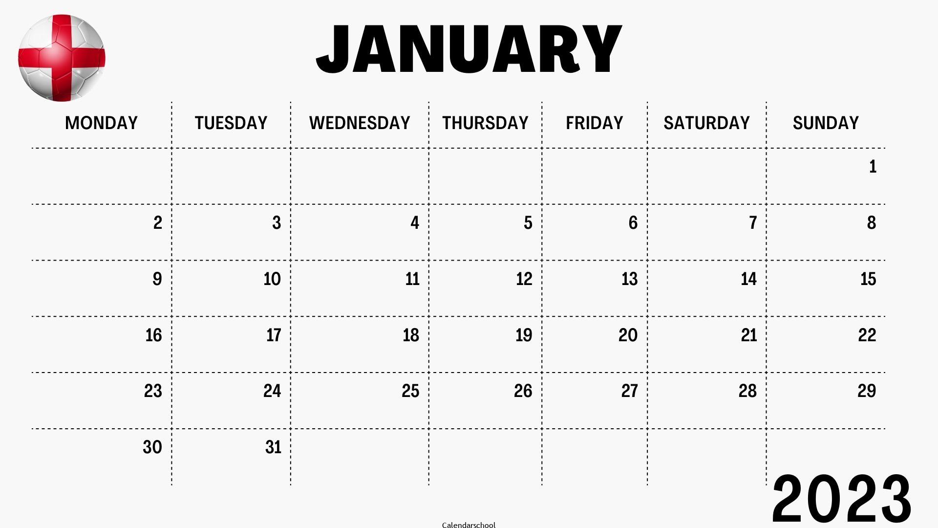 January 2023 Calendar with Holidays England