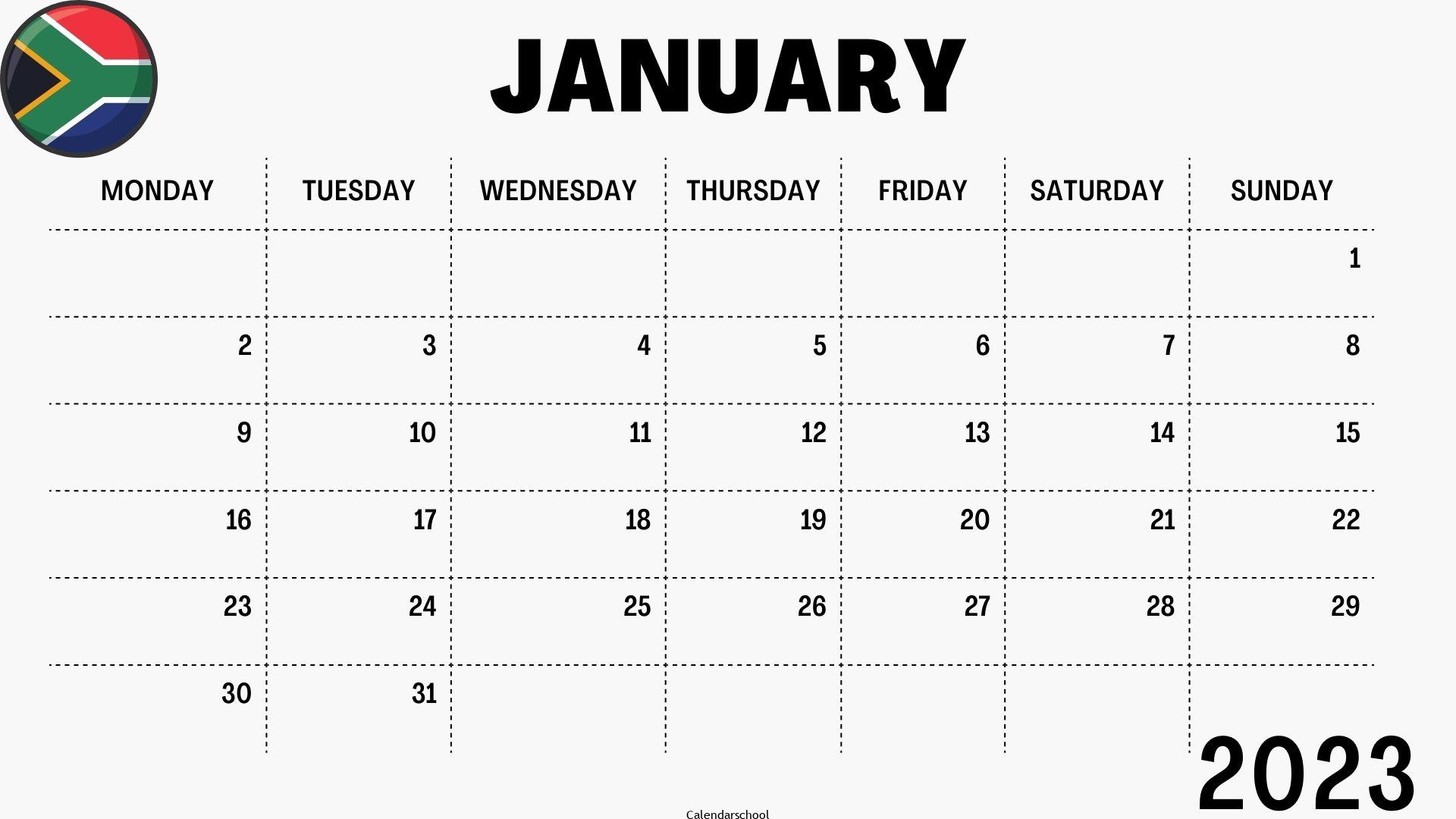 January 2023 Calendar with Holidays South Africa