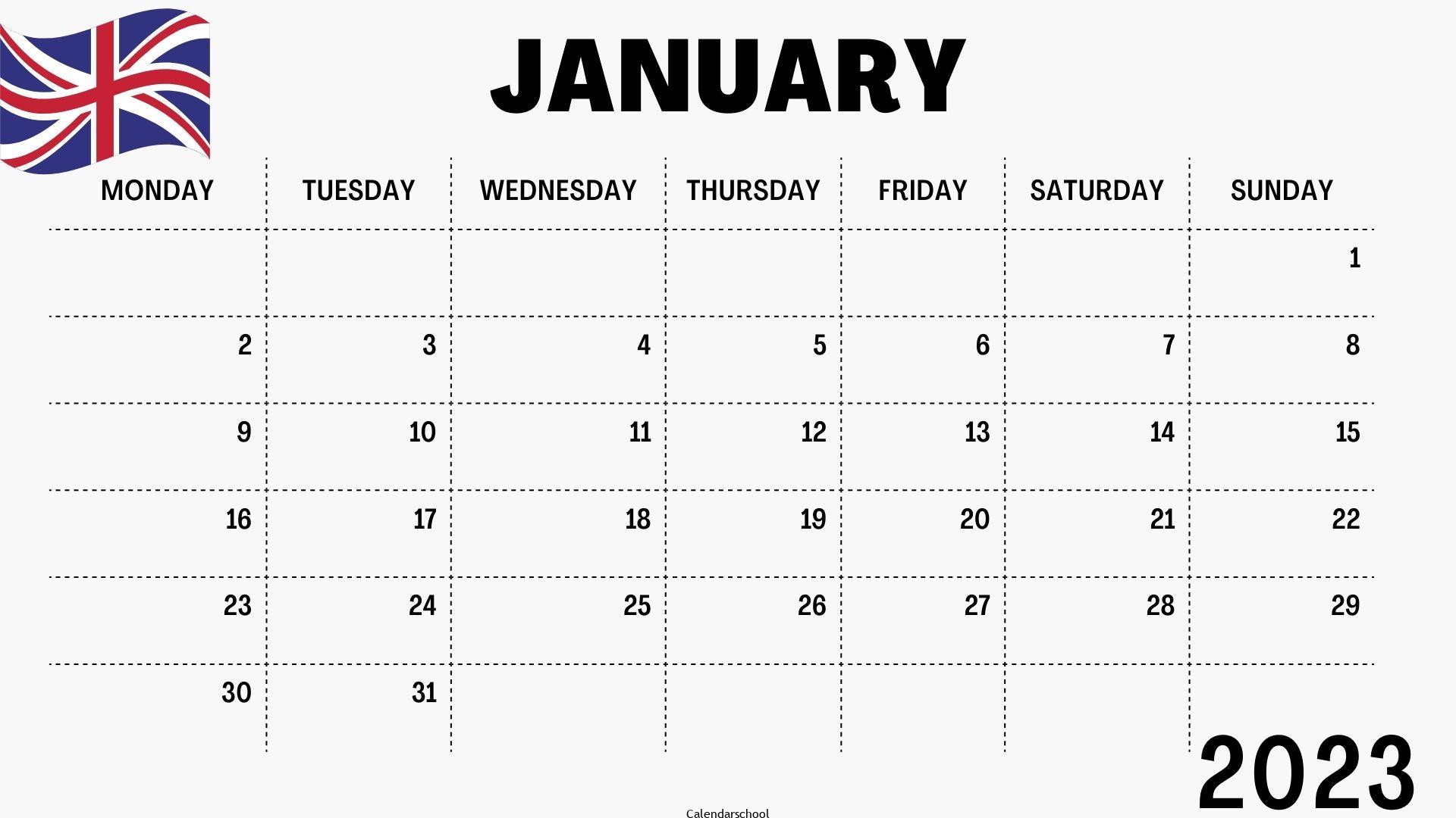 January 2023 Calendar with Holidays UK