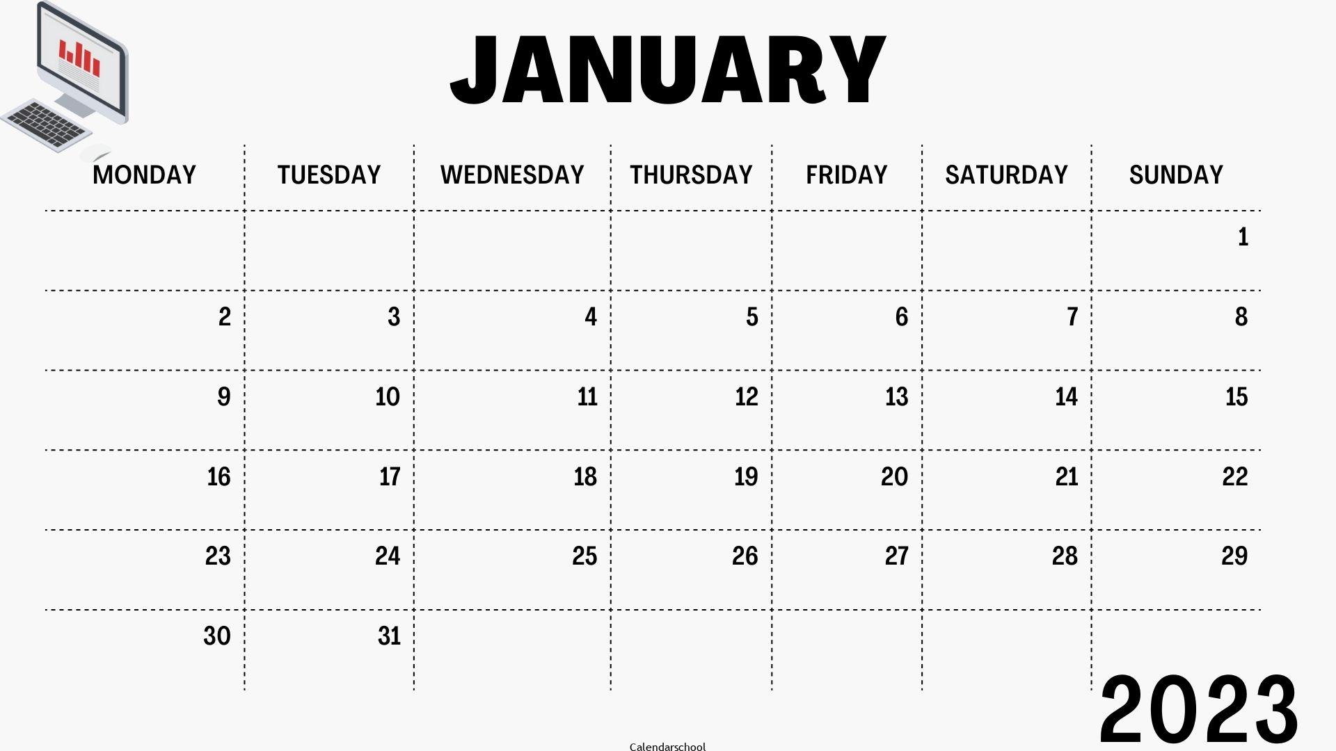 January 2023 Printable Calendar Monday Start