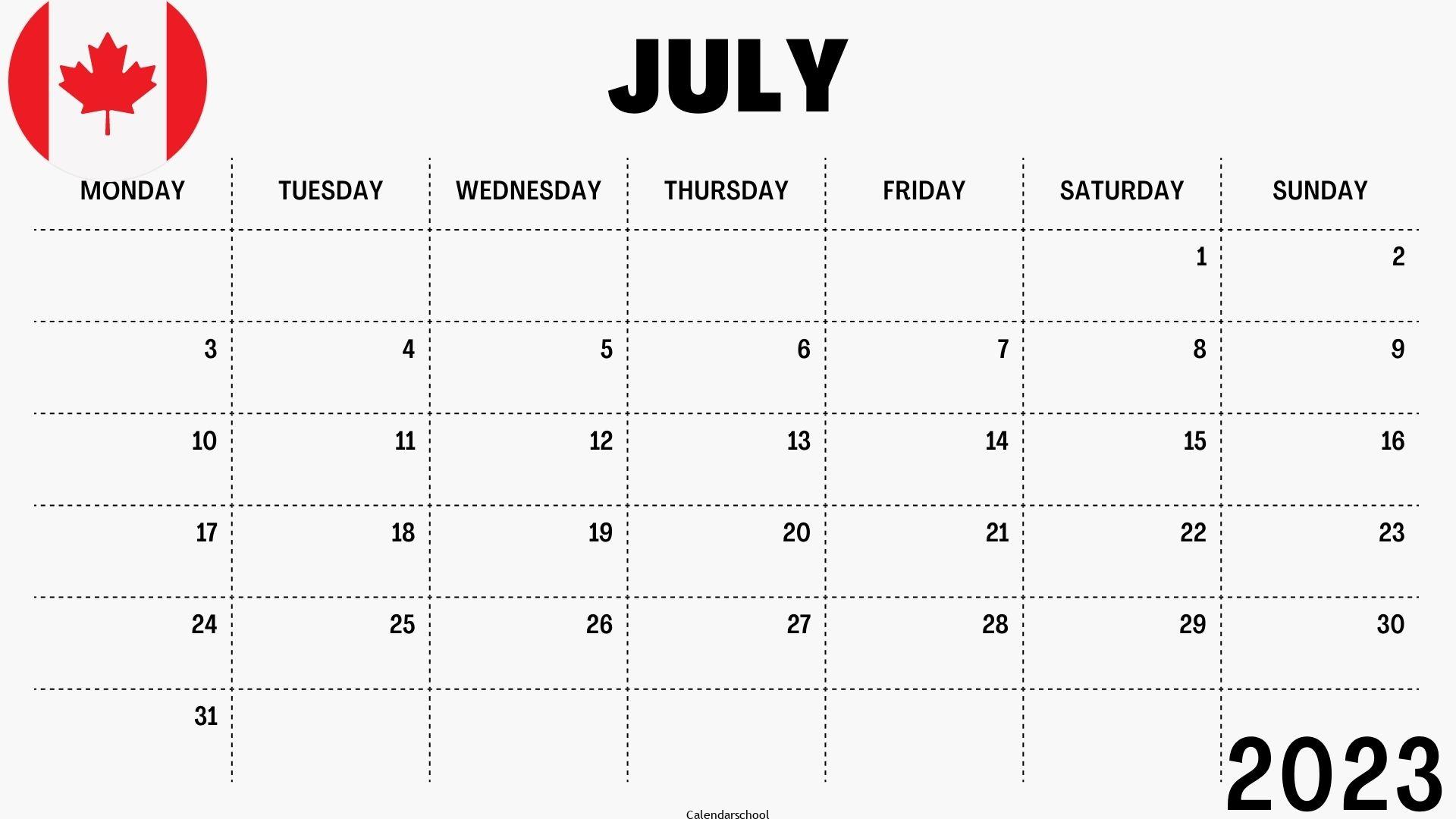 July 2023 Calendar with Holidays Canada