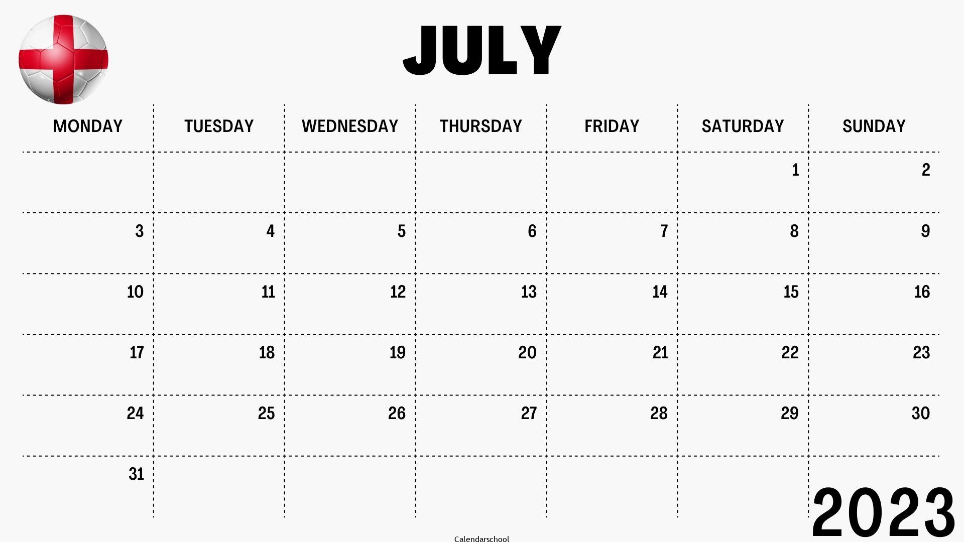 July 2023 Calendar with Holidays England