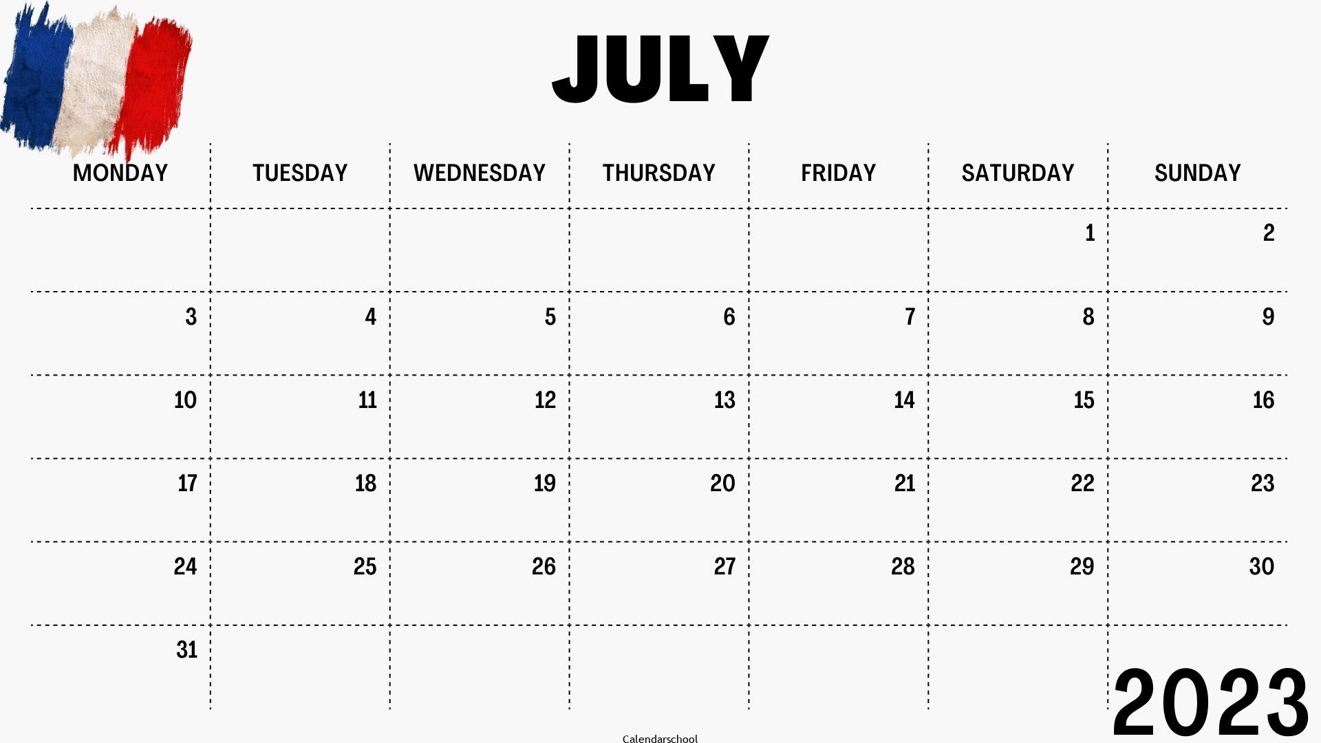 July 2023 Calendar with Holidays France