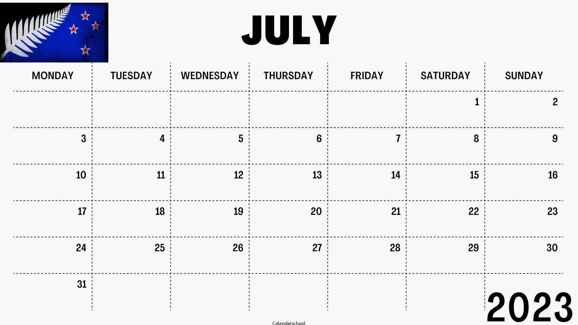 July 2023 Calendar with Holidays NewZeland