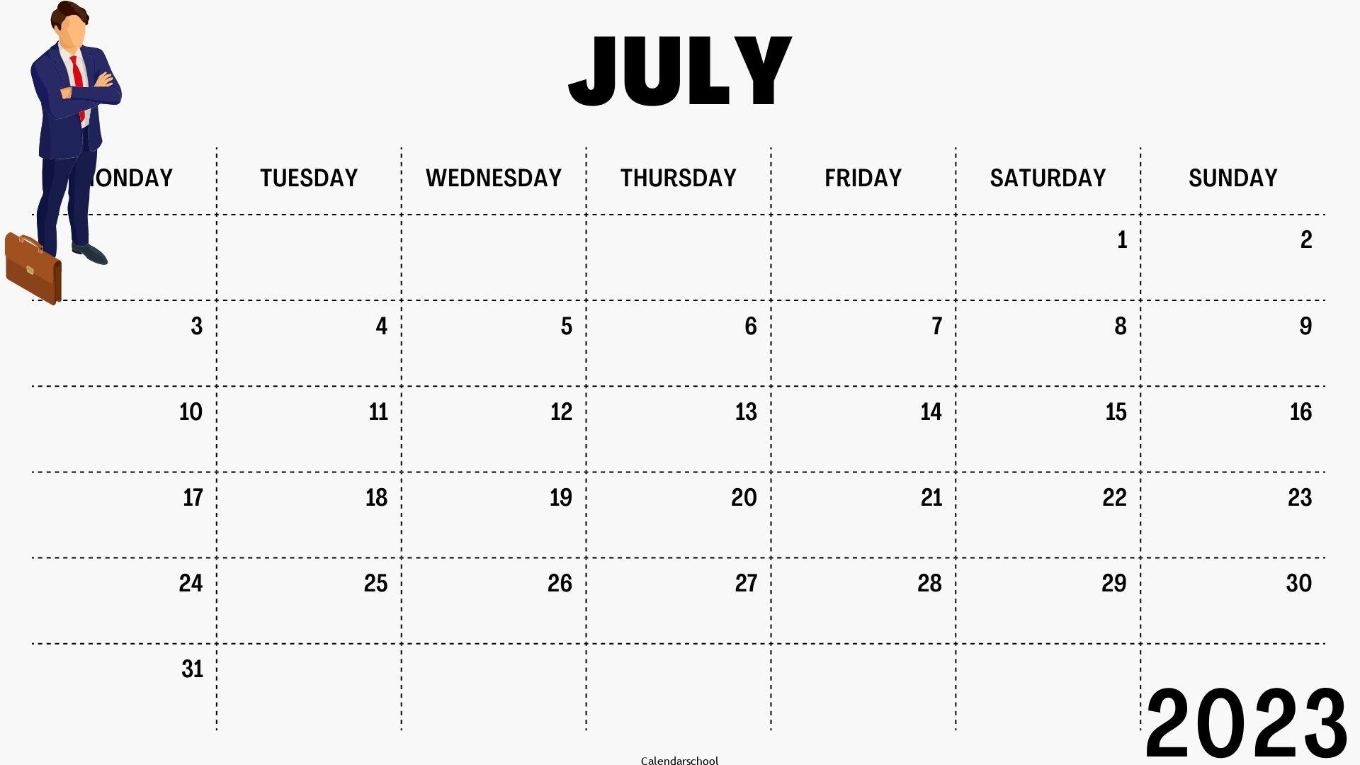 July 2023 Calendar with Holidays Printable