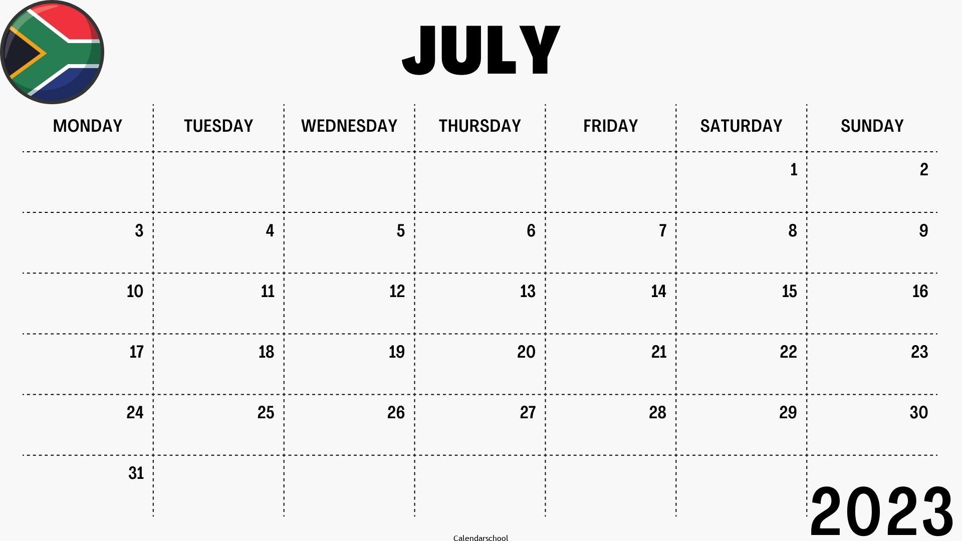 July 2023 Calendar with Holidays South Africa