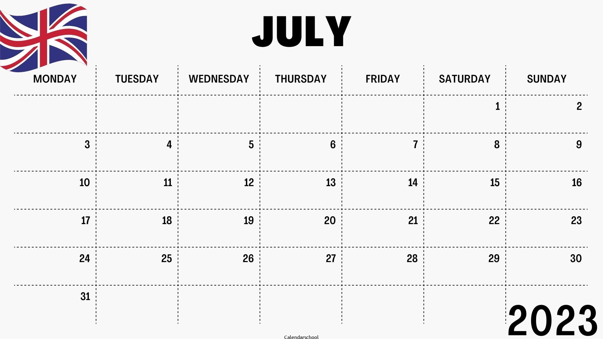 July 2023 Calendar with Holidays UK
