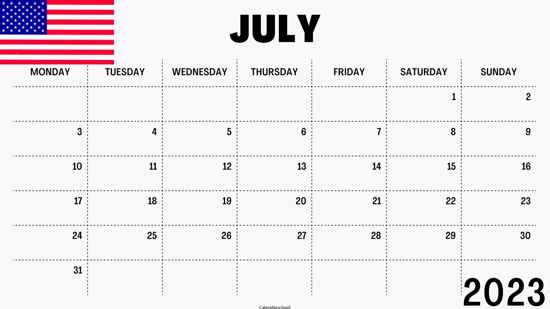 July 2023 Calendar with Holidays USA