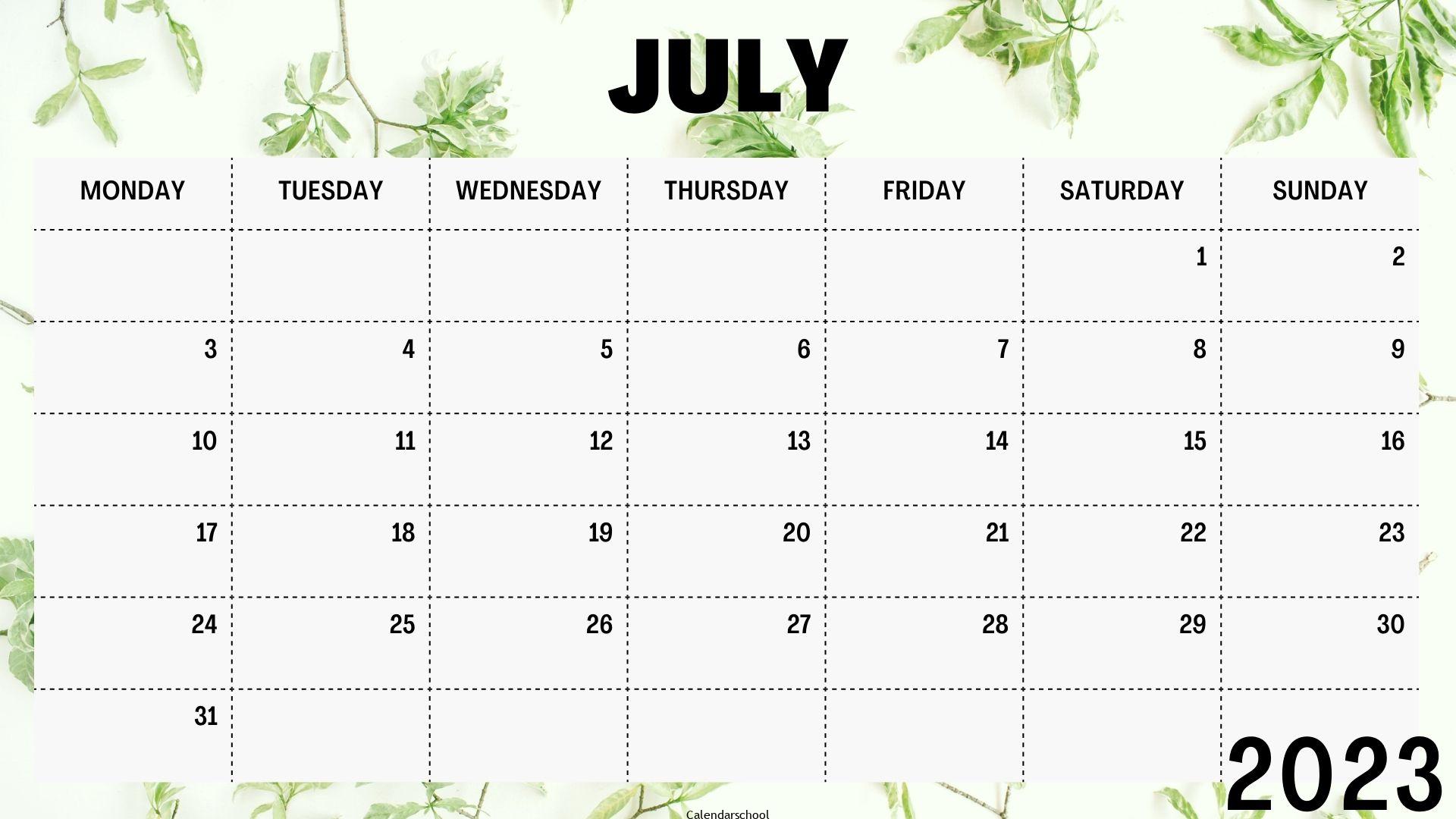 July 2023 Monthly Calendar Template