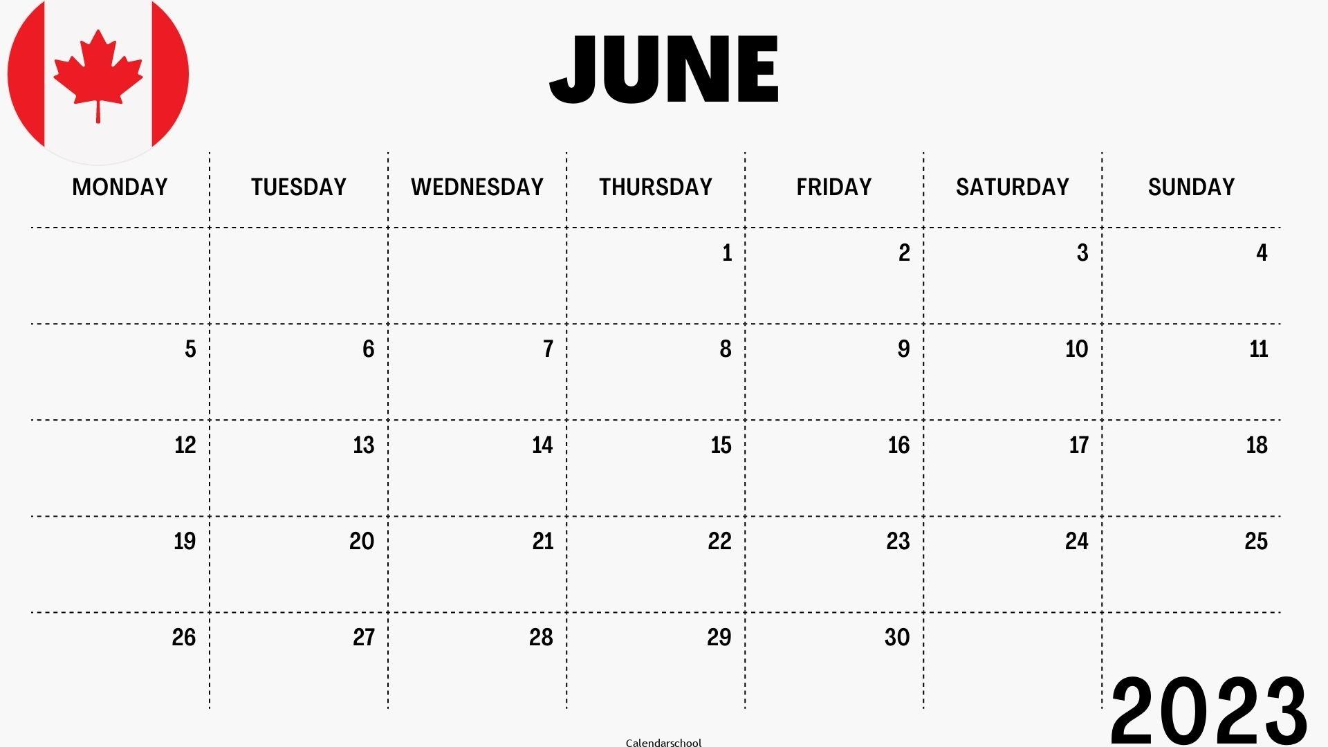 June 2023 Calendar with Holidays Canada