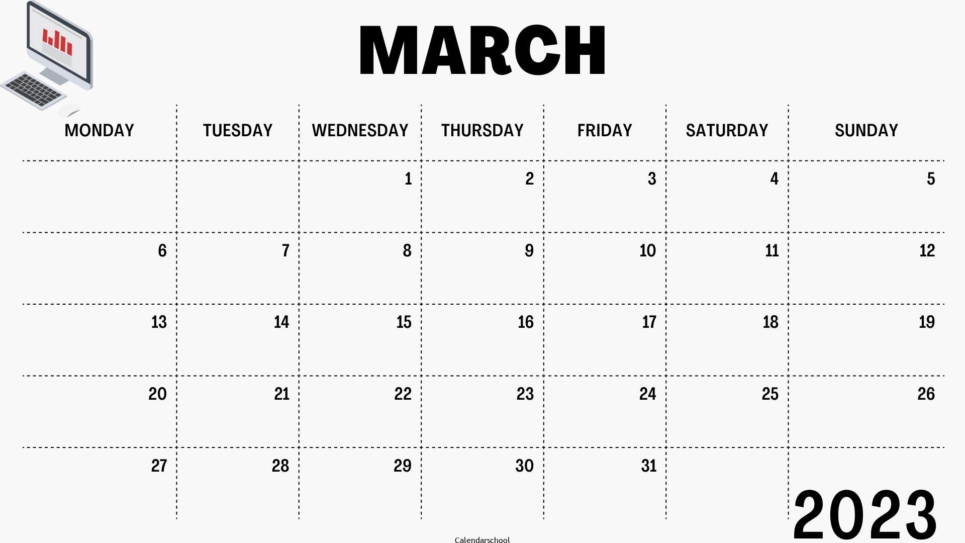 March 2023 Blank Calendar By Week
