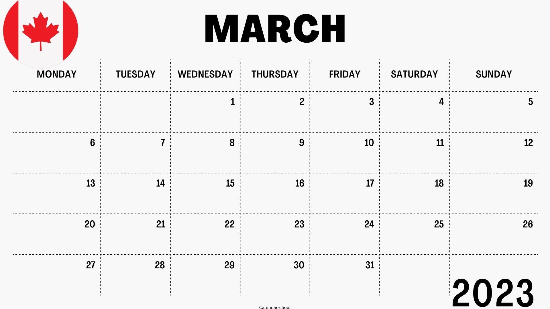 March 2023 Calendar with Holidays Canada